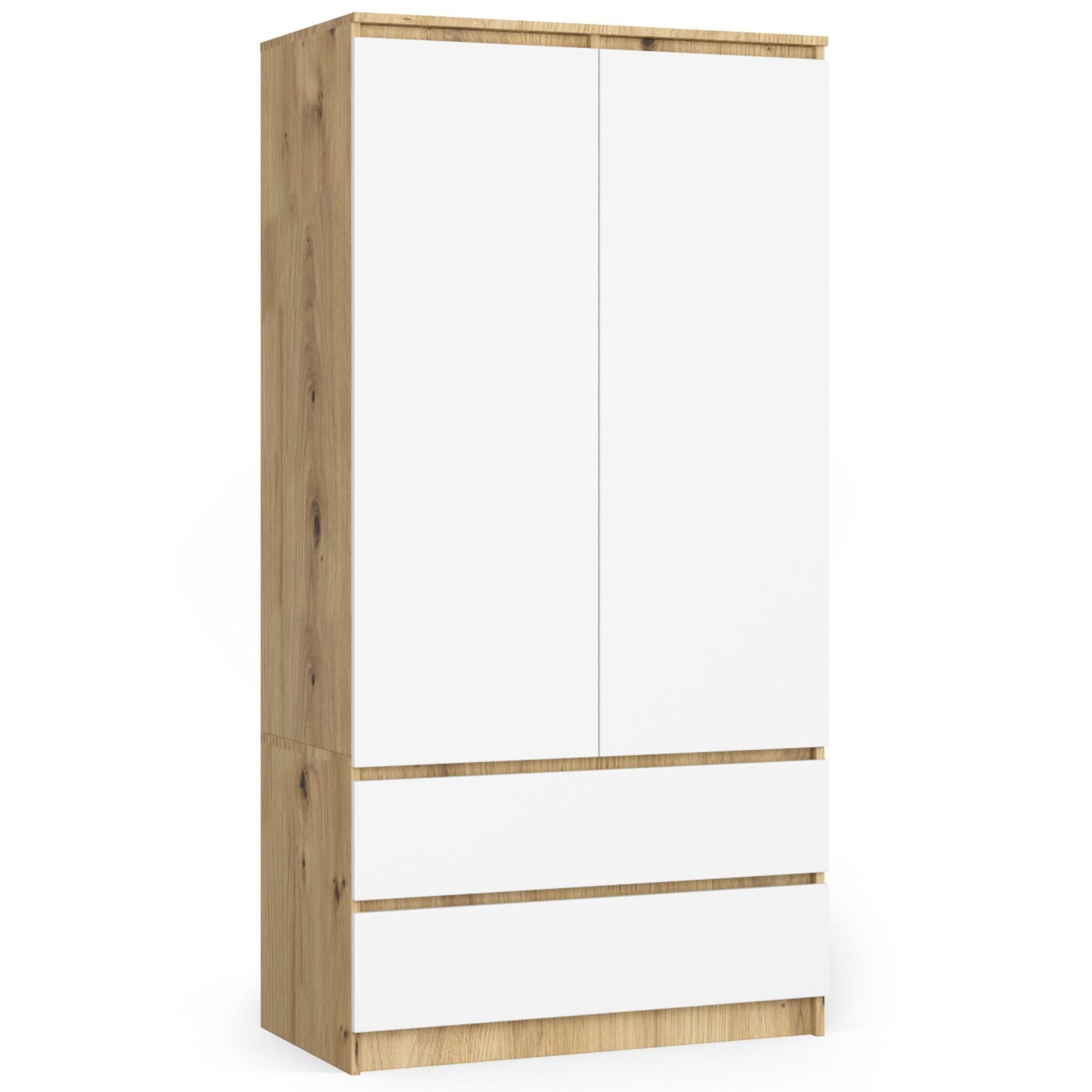 Szafa AKORD S90 Dąb Artisan 90 cm 2 drzwi 2 szuflady kolor Biały mat 4 półki 90x51x180 cm