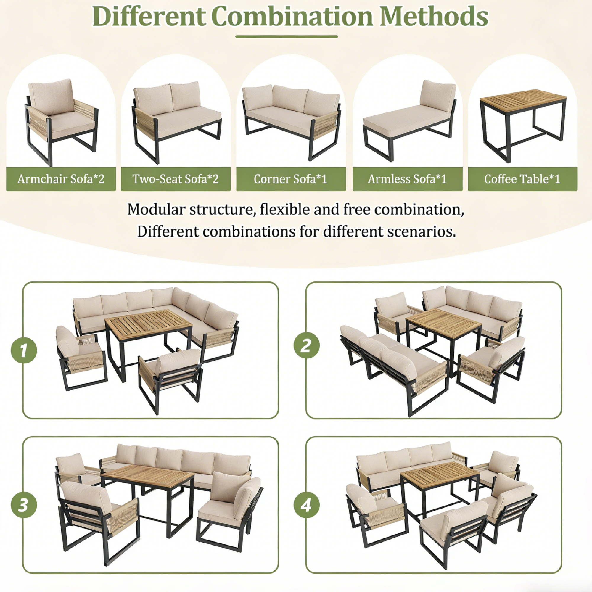 Conjunto Jardin Exterior Sofá Esquinero Para 6-8 Personas De Chapa Galvanizada, 2 Sillones + Mesa Tablero de Acacia, Muebles Terraza Balcón - Beige - 4