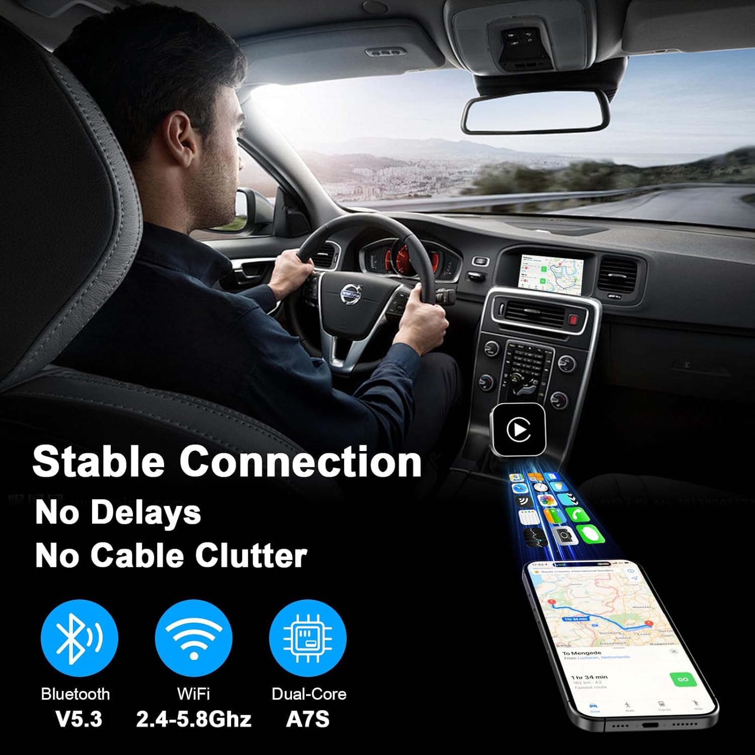 Adaptateur CarPlay sans fil pour iPhone, mise à niveau 2025&nbsp;: filaire vers sans fil avec extension USB-A et Type-C, Plug and Play - 3