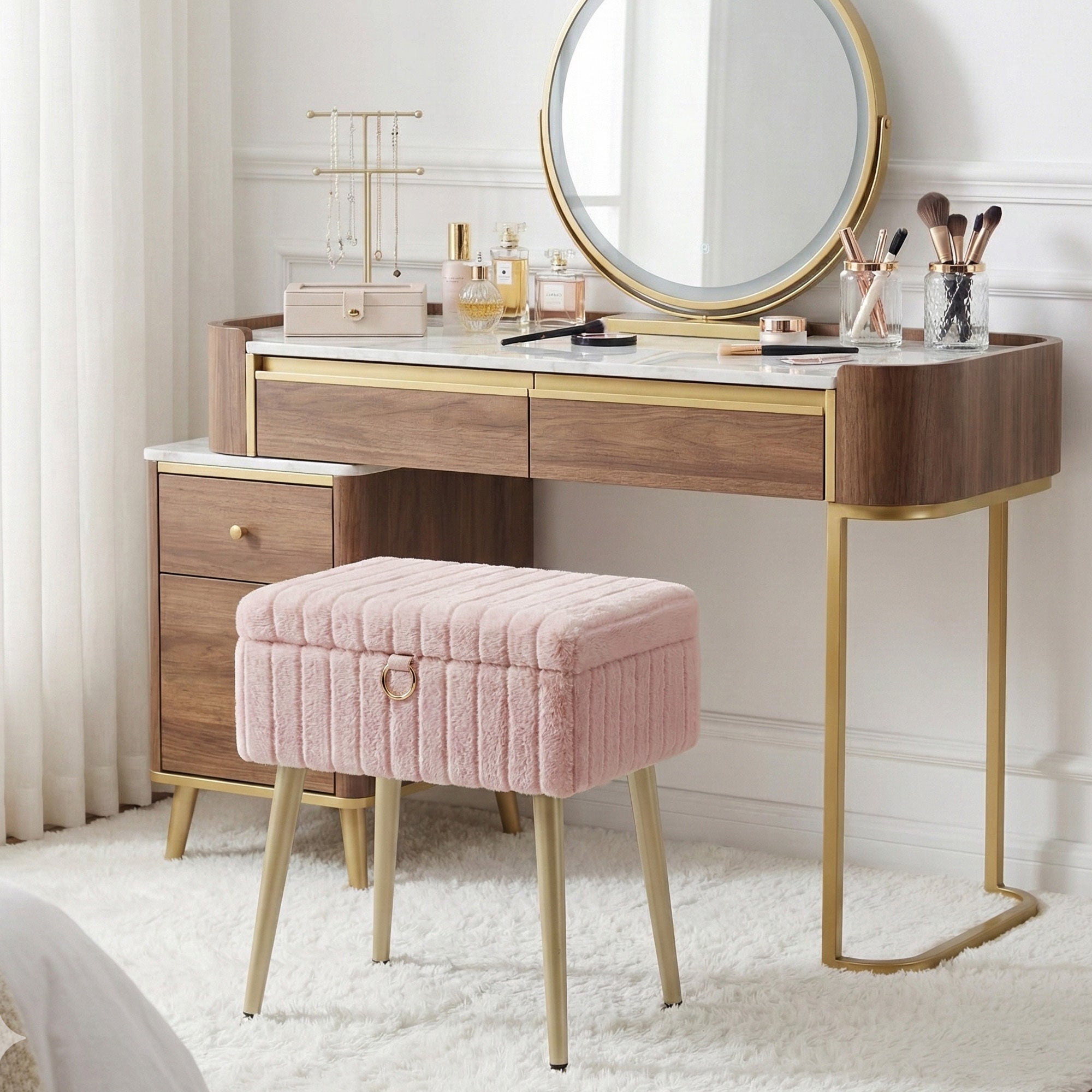 Tabouret de Coiffeuse, Rembourré avec Rangement, Tabouret Réglable en Métal, pour Chambre ou Salon, Rose - 2