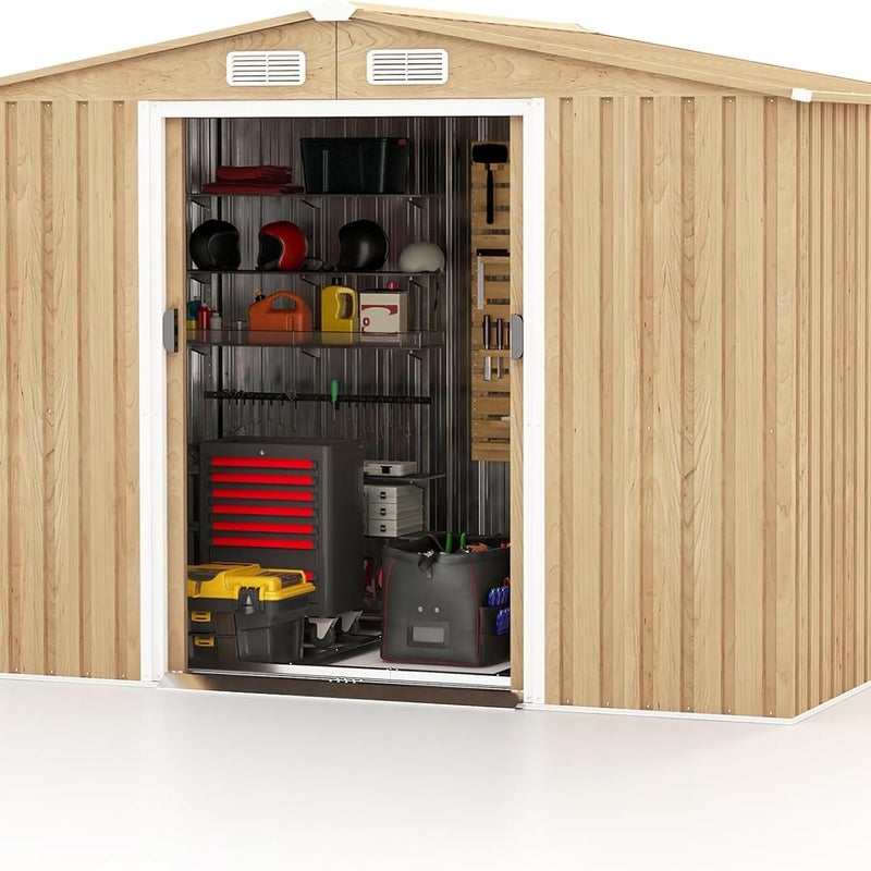 Szopa Ogrodowa 4,47 m² ze Stali Galwanizowanej, Odporna na UV, 259 x 196 x 184 cm, z Podstawą, Drzwiami Przesuwnymi, 4 Otworów Wentylacyjnych