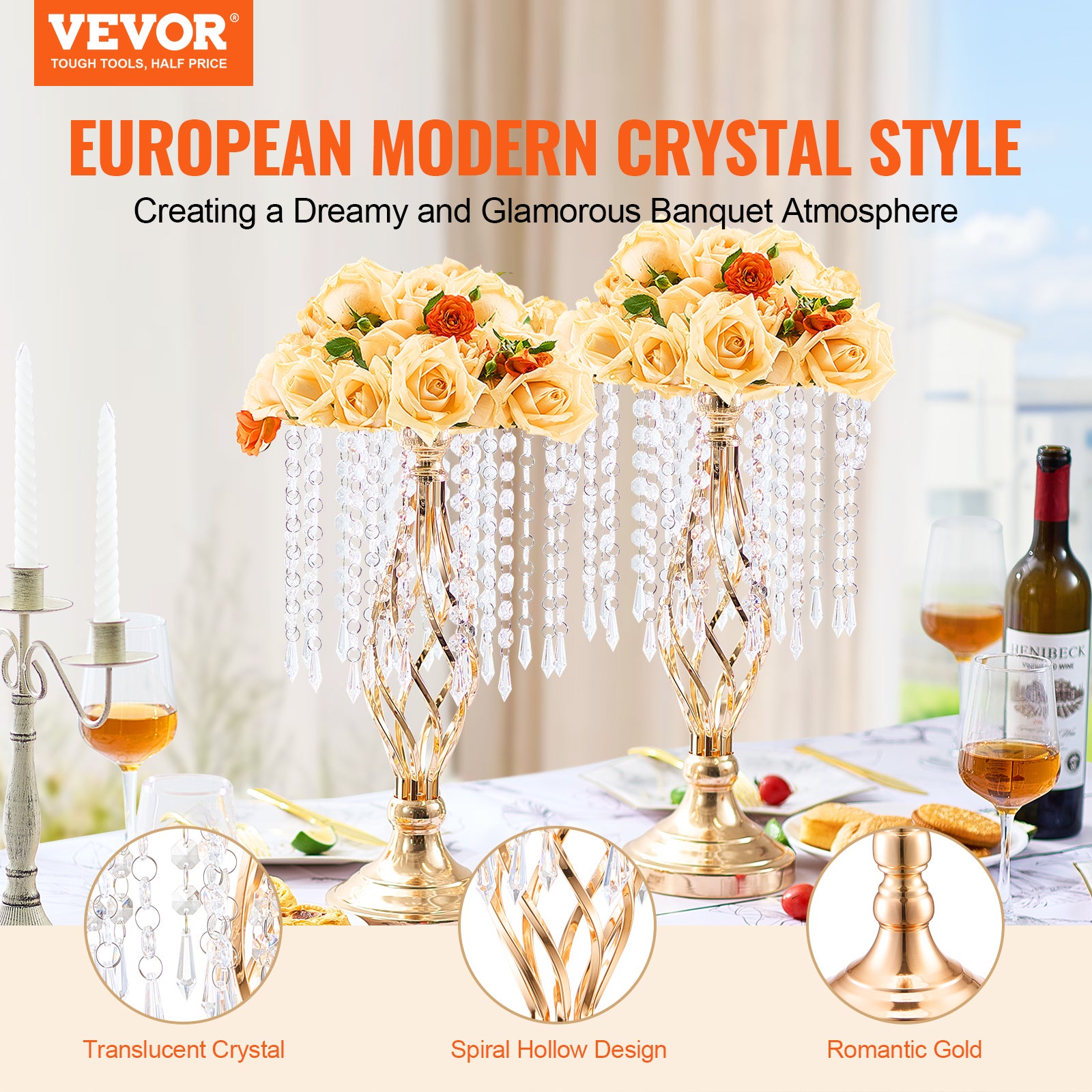 Lot 20 vases de mariage VEVOR en cristal de 43,2 cm de haut, vases dorés métalliques, centres de table pour dîners de mariage, événements, décorations - 2