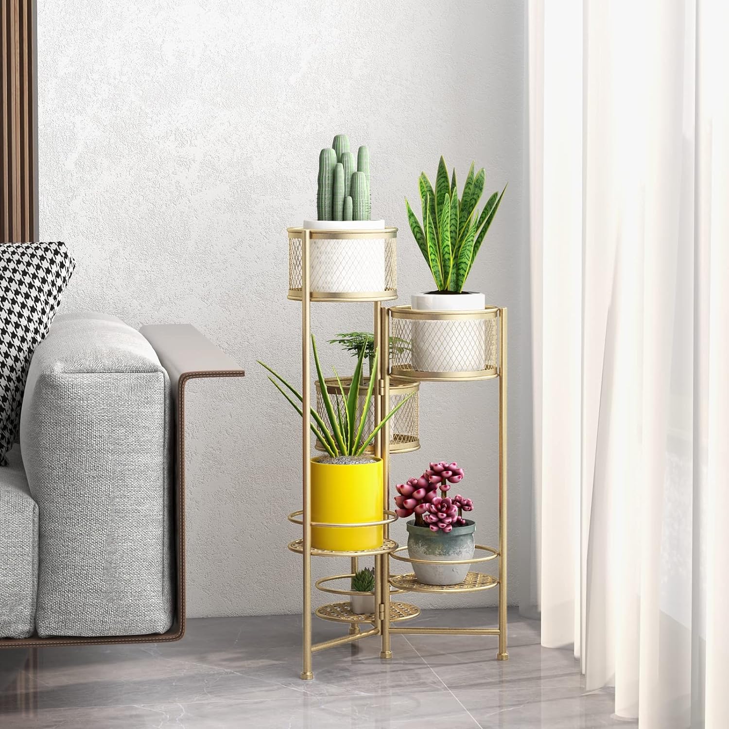 Support pour Plantes à 6 étages en Métal, Support de Pots de Fleurs Pliable, Support de Pots de Fleurs Or pour l'Intérieur - 6