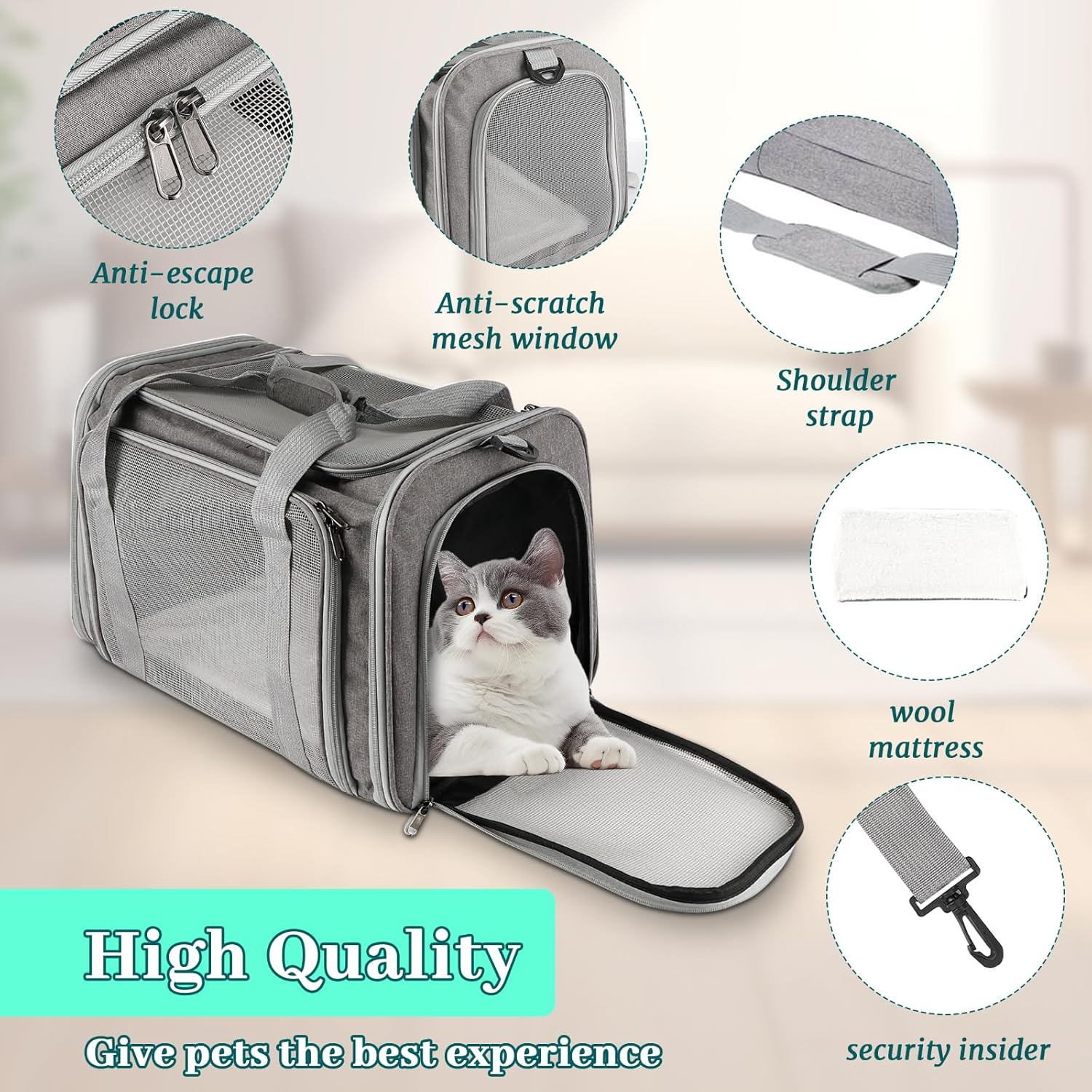 Bolsa de transporte dobrável e respirável para gatos e cachorros, ideal para viagens de trem e carro (cinza, 45x28x28cm). - 3