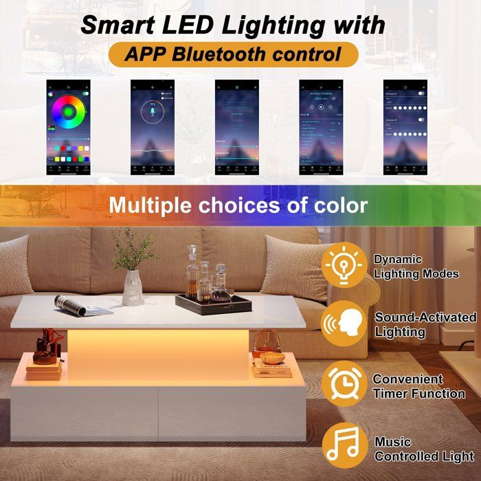 Table basse relevable LED, 90 x 55 x 41cm, Table d'appoint moderne salon, avec 4 grand tiroirs, rangement caché Blanc - 4