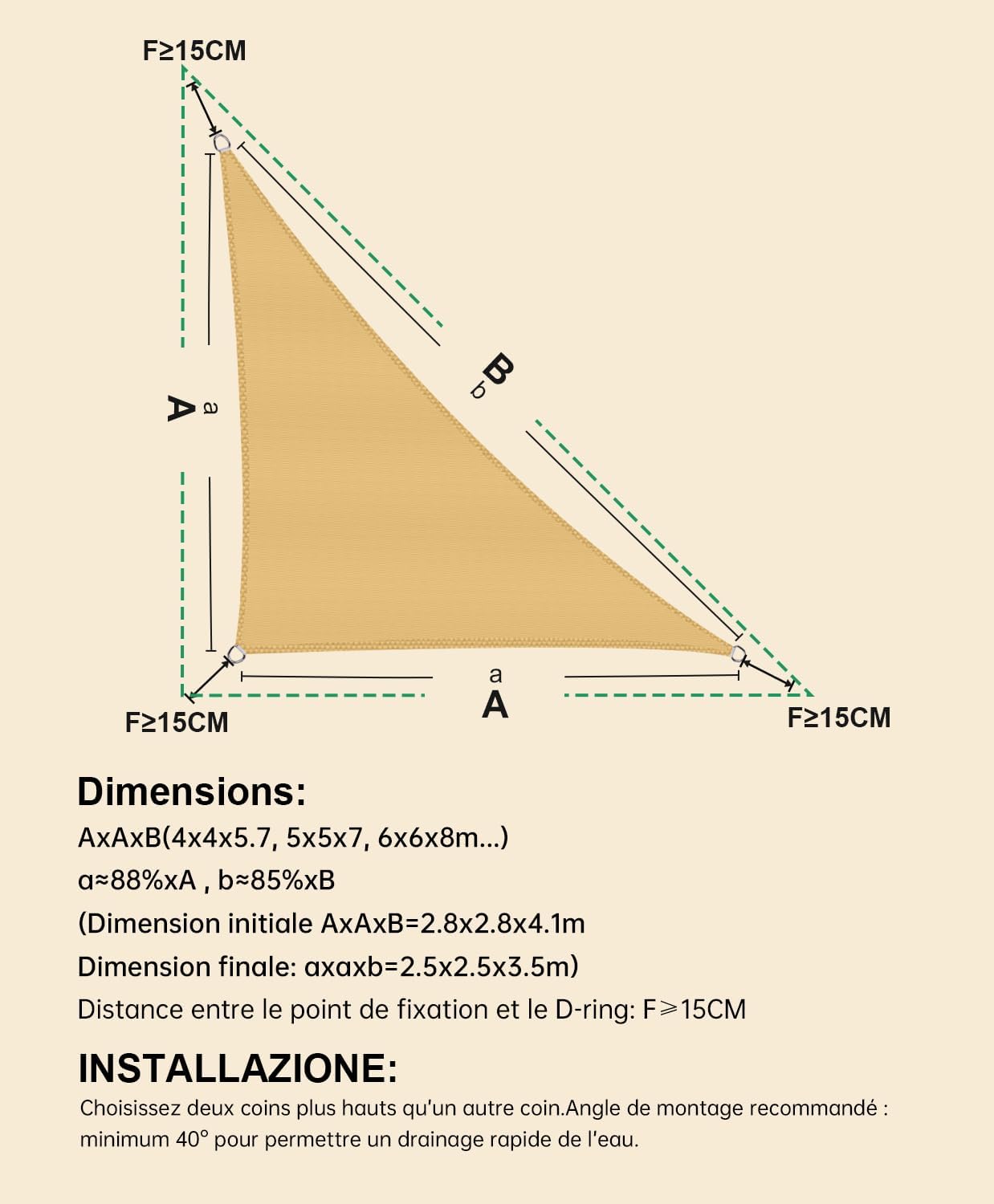 Voile d'ombrage Triangulaire 5x5x7.1m Imperméable à l'eau PES Toile d'ombrage Sable avec 95% de Protection UV pour Patio Extérieur Jardin - 3