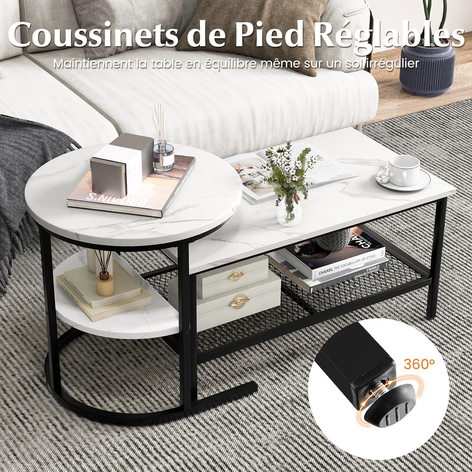 Tables Basses Gigognes Lot de 2,Table Gigogne Design Marbre,Cadre en Métal,Table Salon Rectangulaire - 3