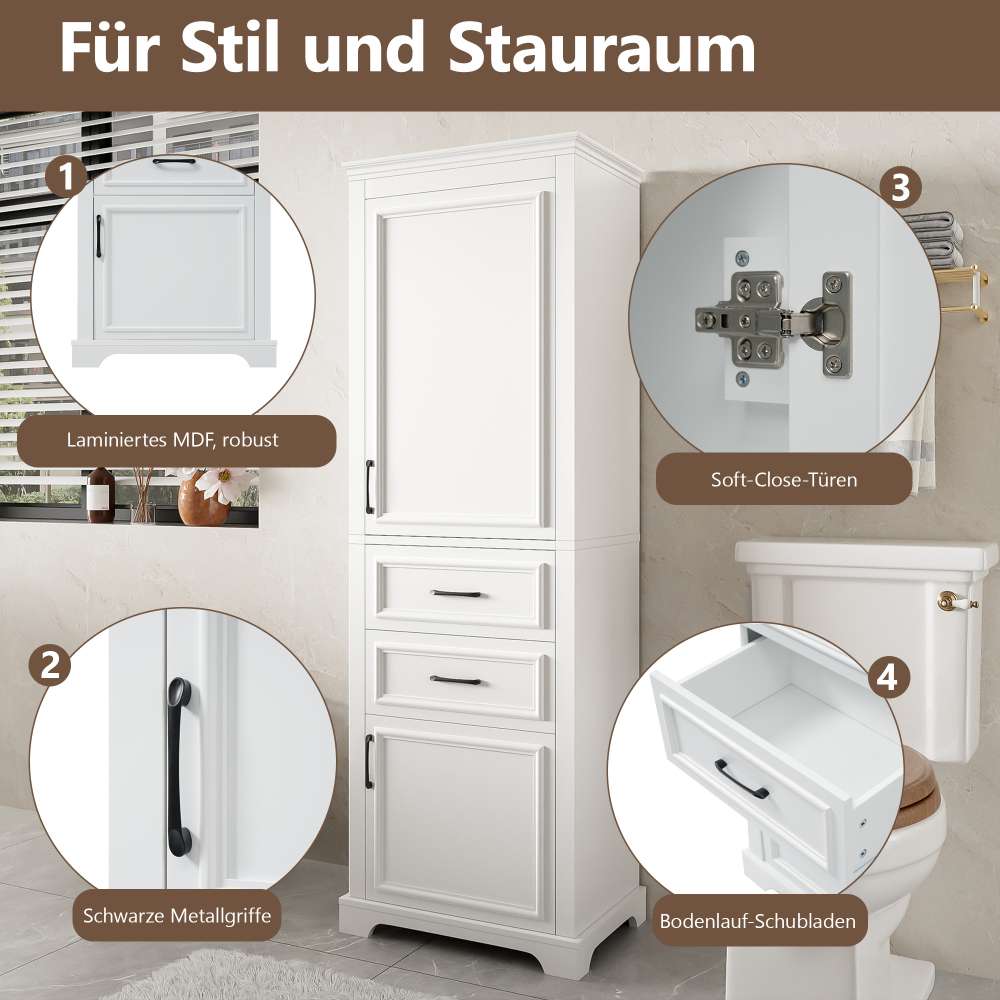 Armoire de salle de bain 60x40x180 cm en MDF blanc avec 2 tiroirs, 2 placards, étagères réglables et charnières soft-close - 7