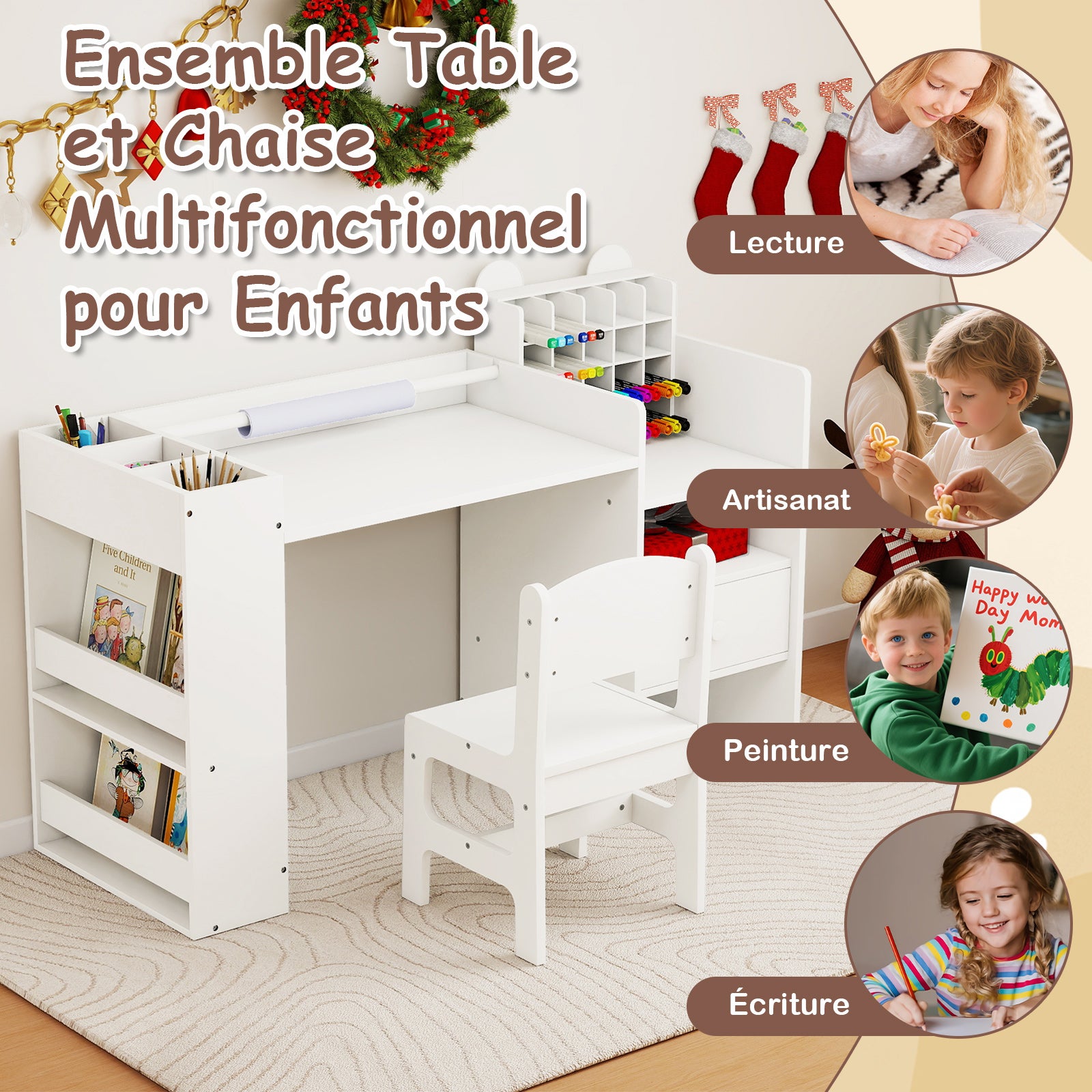 Ensemble Table et Chaises pour Enfants, Bureau de Peinture pour Enfants avec Porte-rouleau de Papier Amovible et Armoire Cubique, Tiroir de Rangement - 7