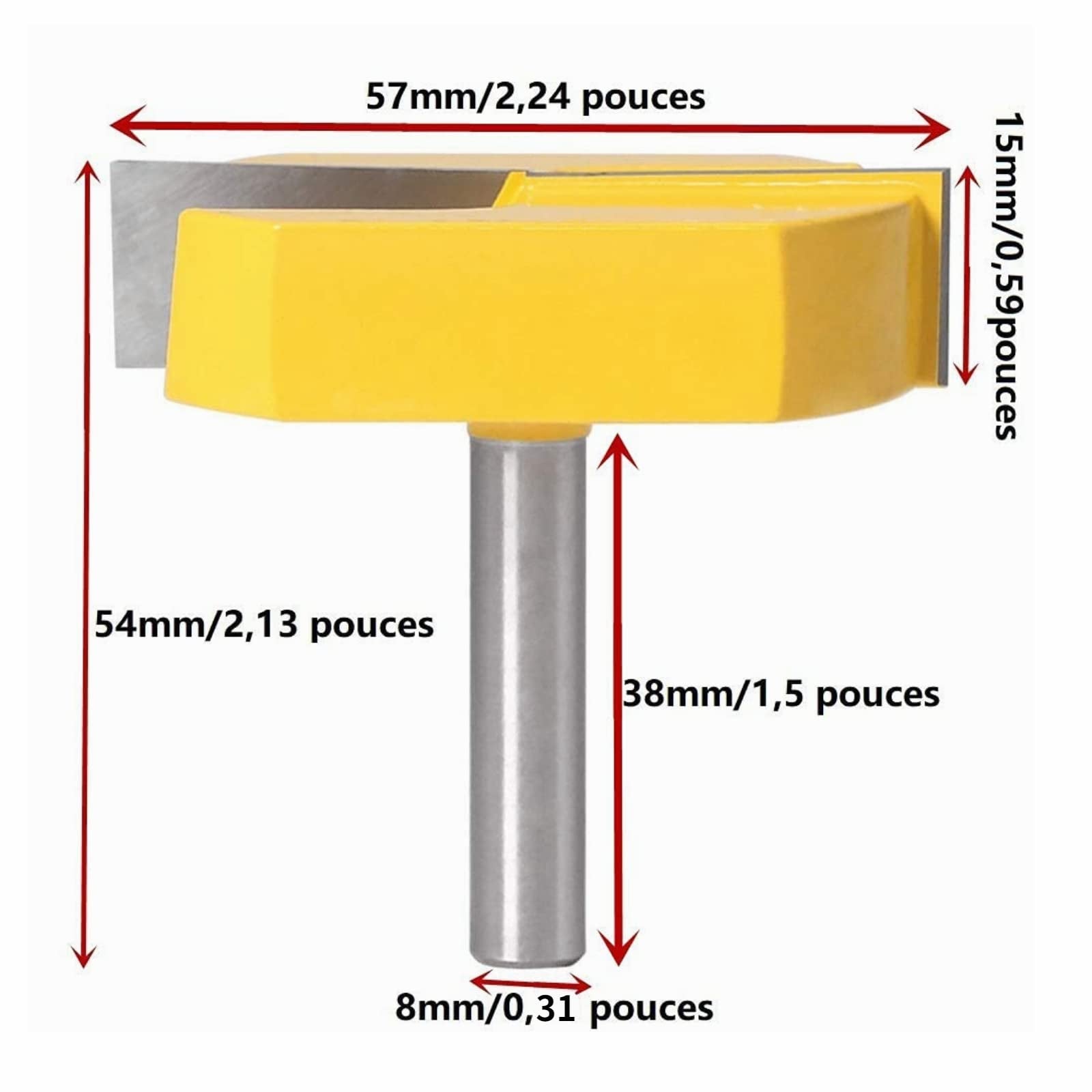 Fraise Defonceuse 8mm, Fraise Rabotage de Surface de Nettoyage de Fond, T-Track Routeur à Rainure, 8x57mm, Lame Jaune, Diamètre de la tige: 0,31in - 3
