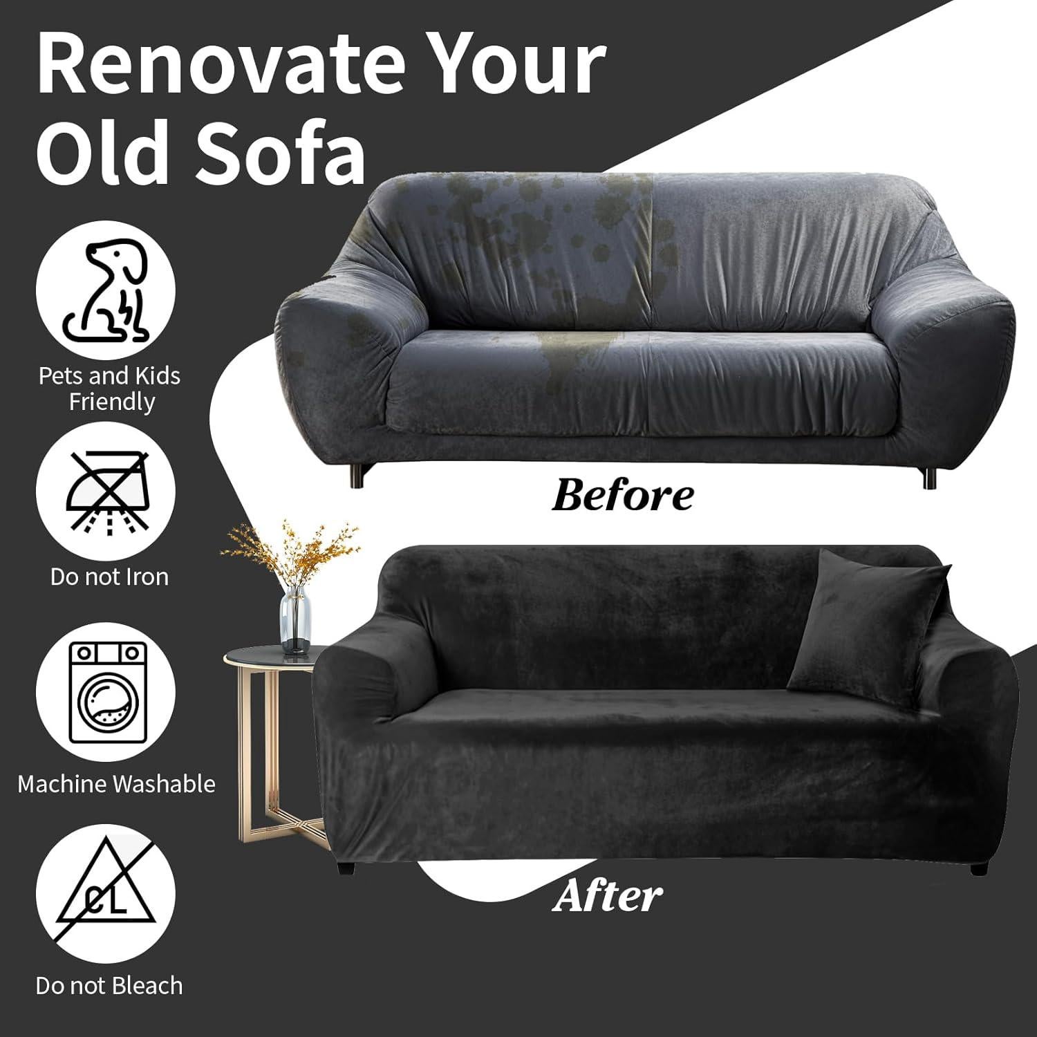 housses de canapés épaisses 1/2/3/4 places pure color sofa protector velours easy fit elastic stretch sofa slipcover (noir, 2 places 145-185cm) - 3
