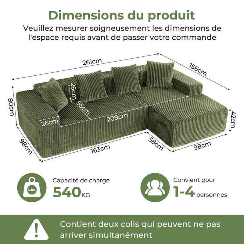 DRIPEX Canapé d'angle droit en velours côtelé avec 4 coussins,Canapé Modulable 4 places avec méridienne en L,261×156×80cm,Vert - 3
