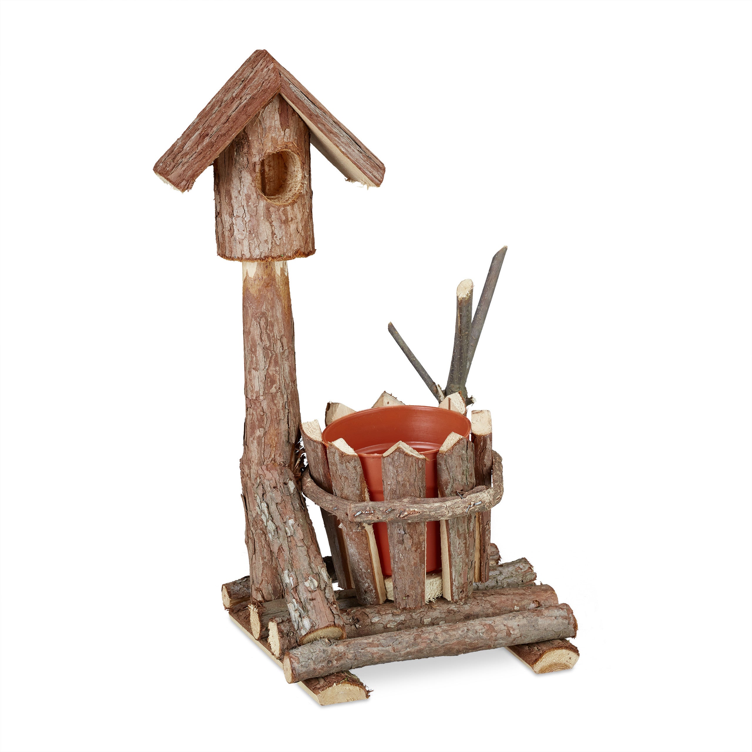 Relaxdays Pot de fleurs en bois, avec maison d’oiseau de déco & de la mousse, rond, décoration rustique, marron - 8