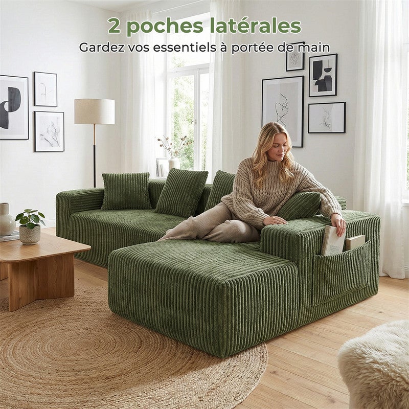 DRIPEX Canapé d'angle droit en velours côtelé avec 4 coussins,Canapé Modulable 4 places avec méridienne en L,261×156×80cm,Vert - 7
