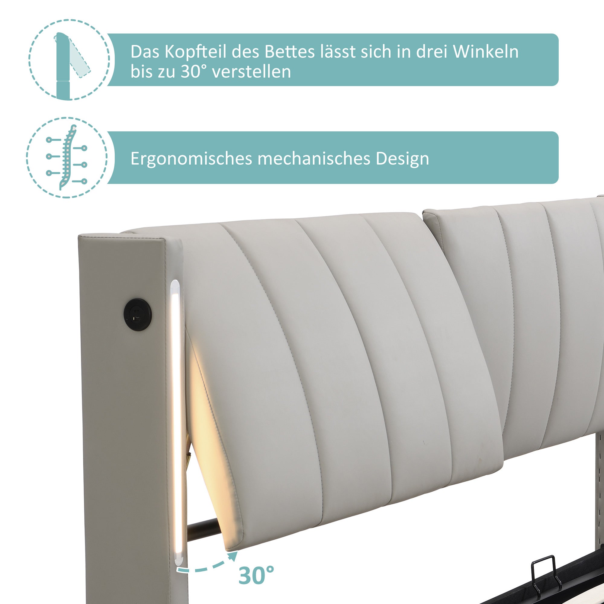 Cama Matrimonial 160x200 cm con Contenedor, USB + LEDs en ambos lados - Hidráulica Tapizada + Cabecero Ajustable, Somier de Láminas - PU + Gris - 5