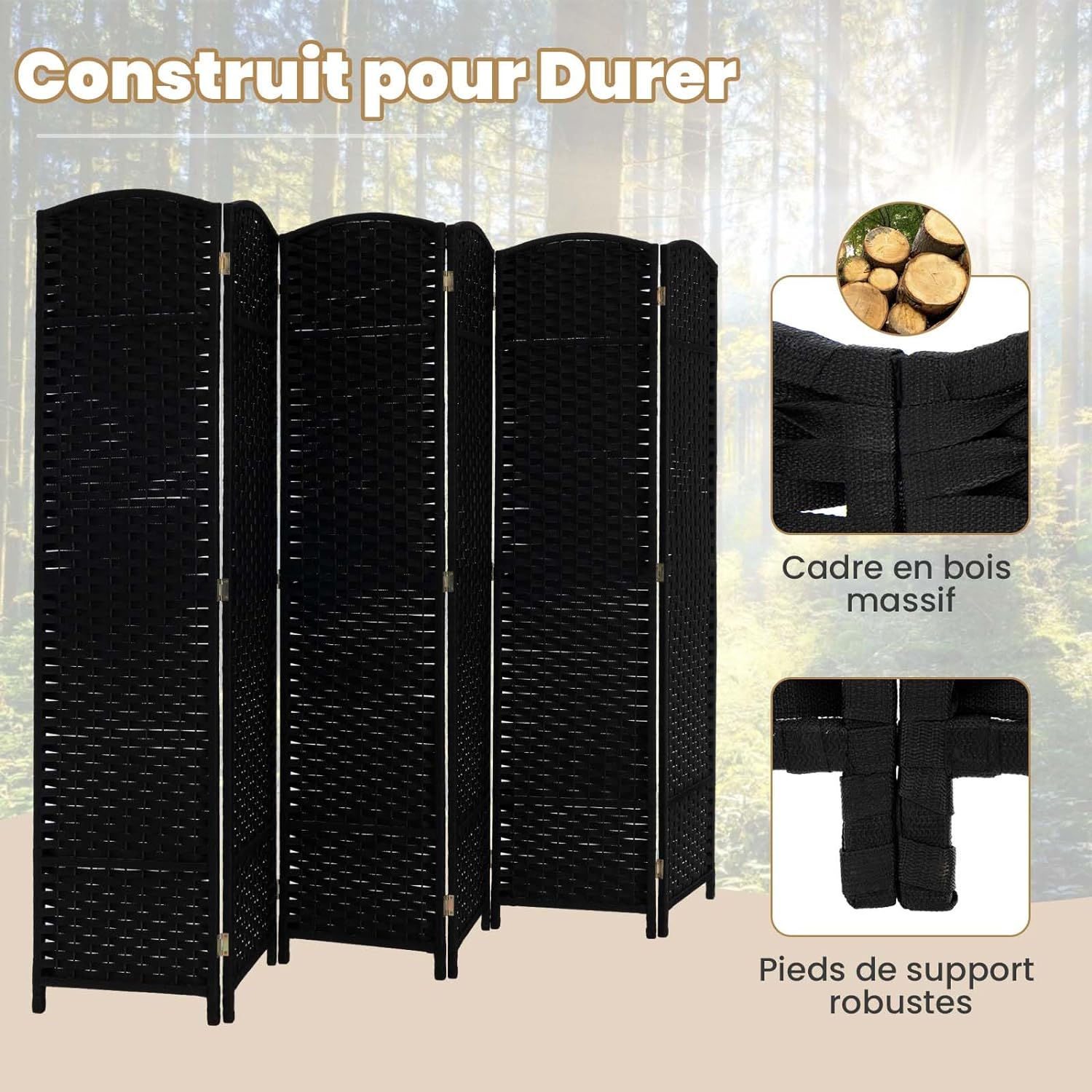 Séparateur de Pièce Cloison de Séparation, Paravent 6 Panneaux Pliable 170 CM, Cadre en Bois Massif,240x170CM (Noir) - 3