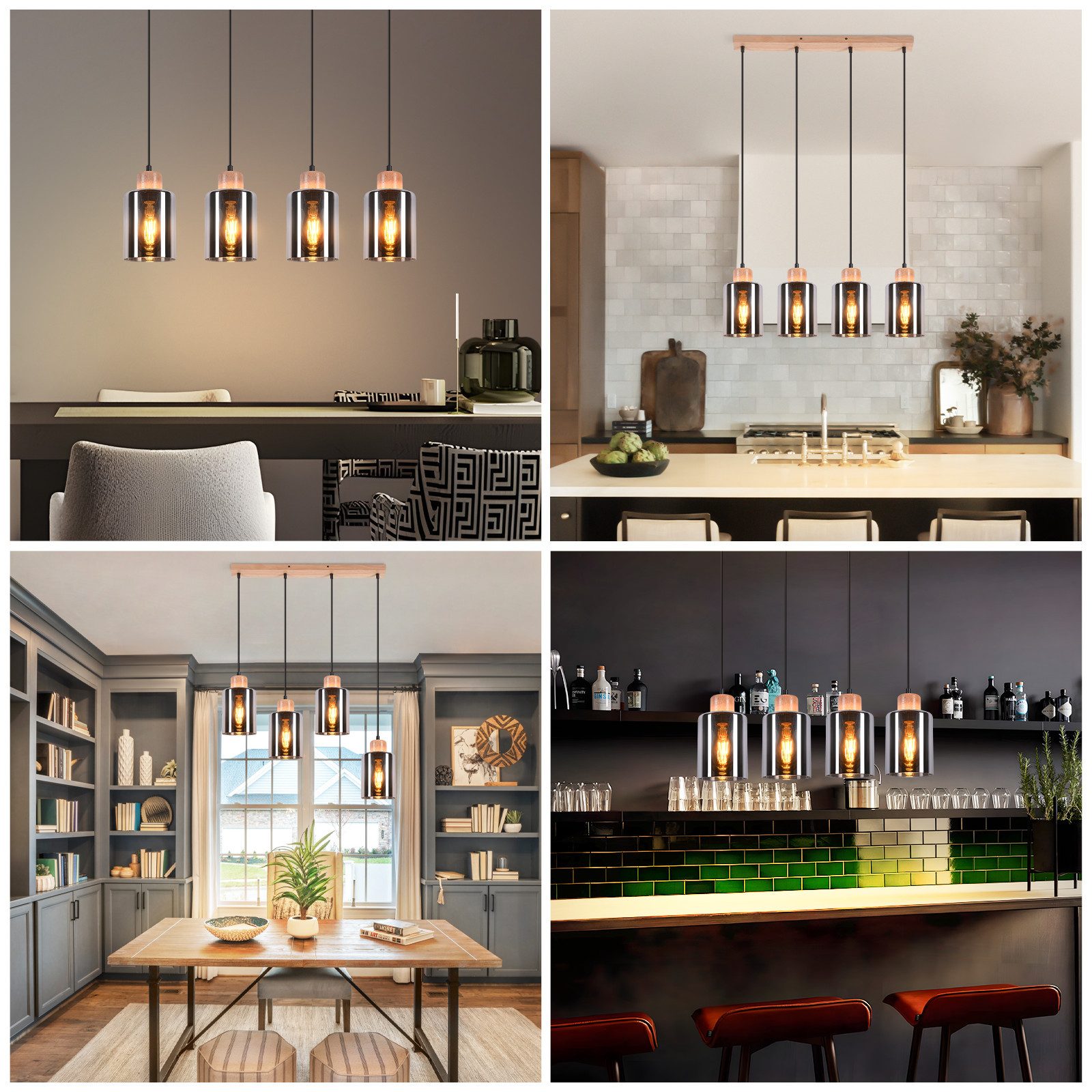 Suspension NETTLIFE pour table à manger, lampe suspendue en verre, lampe de table à manger vintage, suspension en bois, 4 flammes en verre fumé, E27 - 8