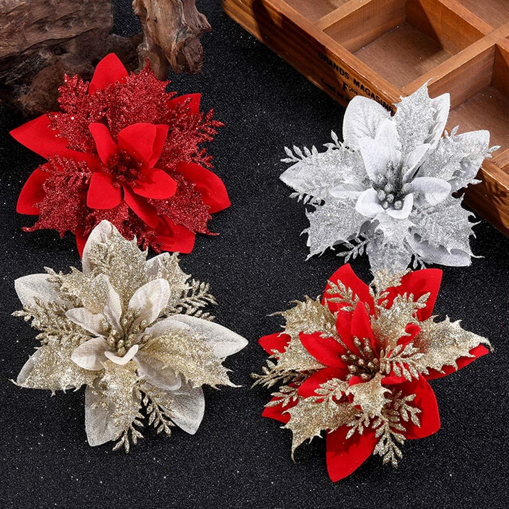 24 Pièces Glitter Fleurs de Poinsettia de Noël d’Ornement d'arbre de Noël Artificielle Fleurs de Poinsettia de Noël de Mariage pour Ornemen - 4