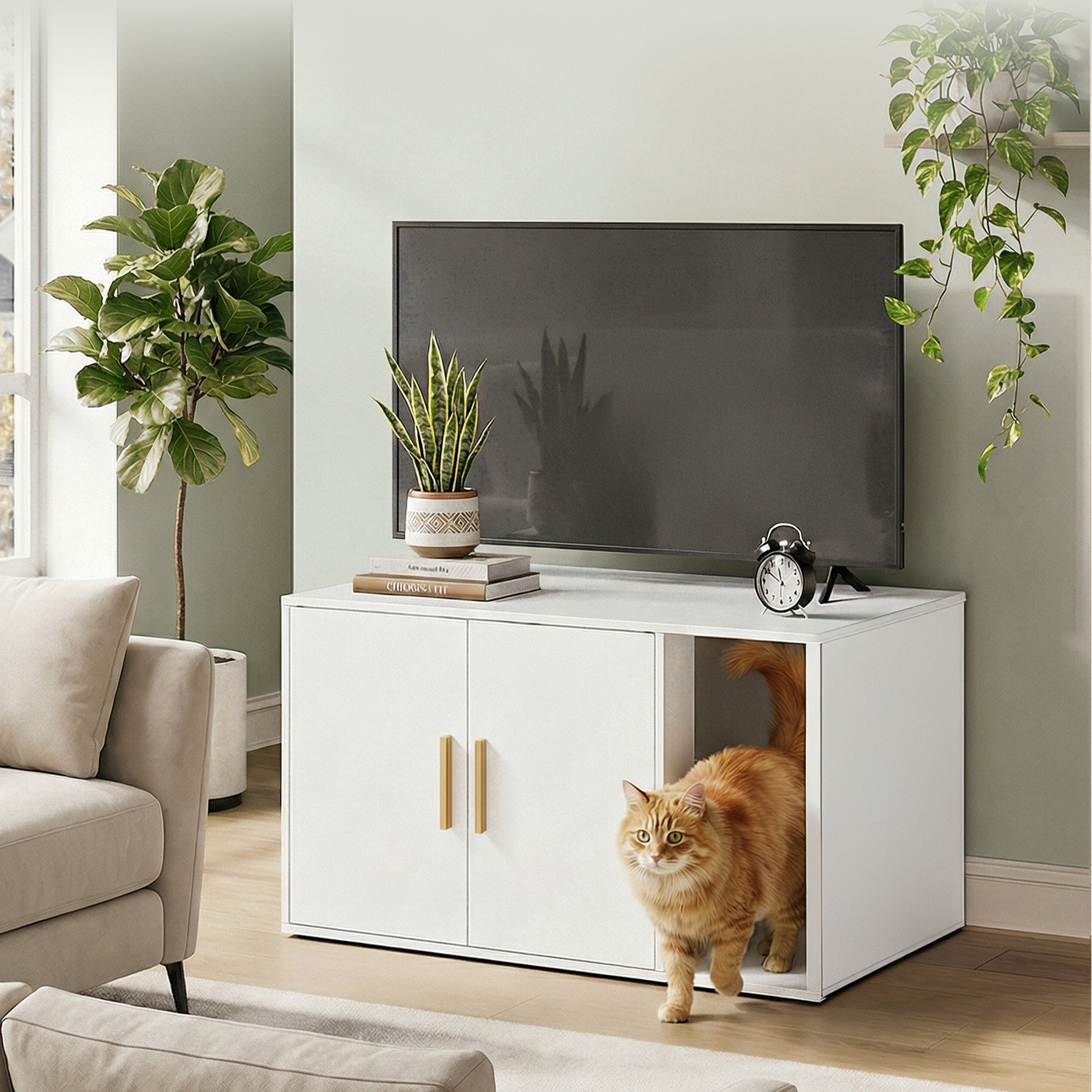 Maison pour Chat à Double Porte, Armoire Cache-Litière, Table d’Appoint, Entrée Frontale, 80 x 50 x 45 cm, Blanc - 7