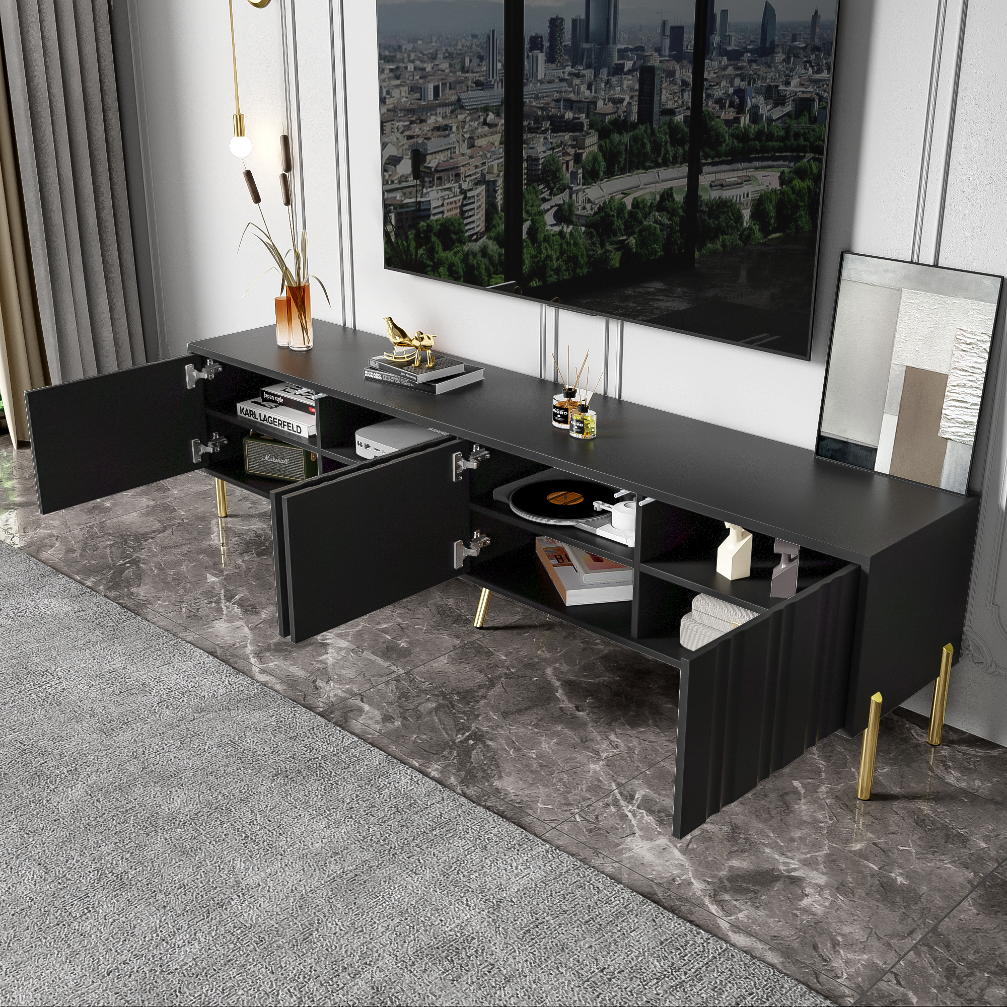 Meuble TV AURIS 200 Cm BIM Furniture - Style Moderne, MDF Noir Mat, 4 Armoires