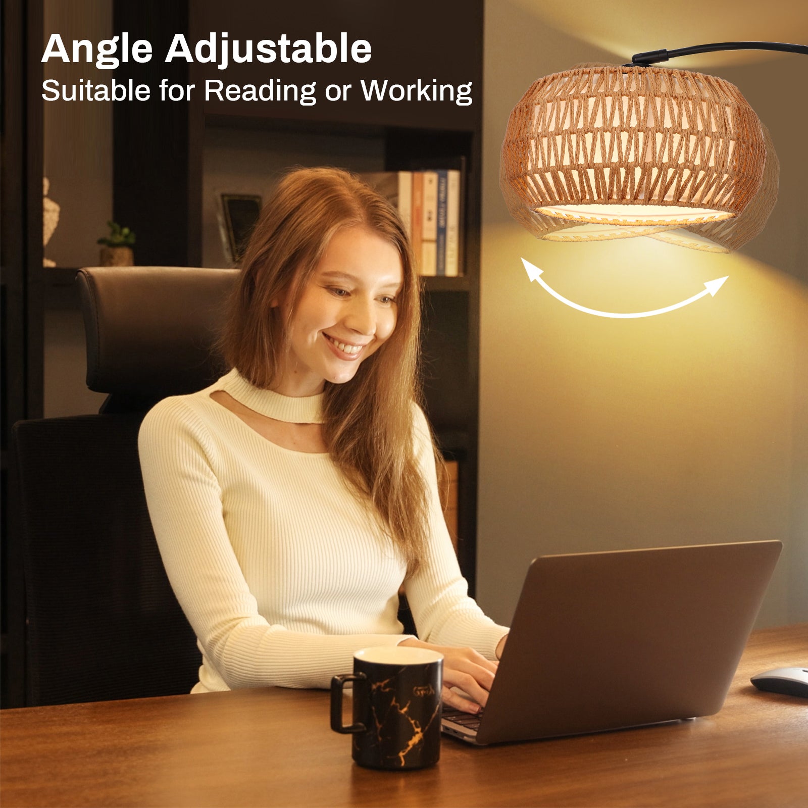 Lampadaire en rotin réglable avec télécommande – design boho, lampe de salon LED avec étagère, interrupteur au pied - 6
