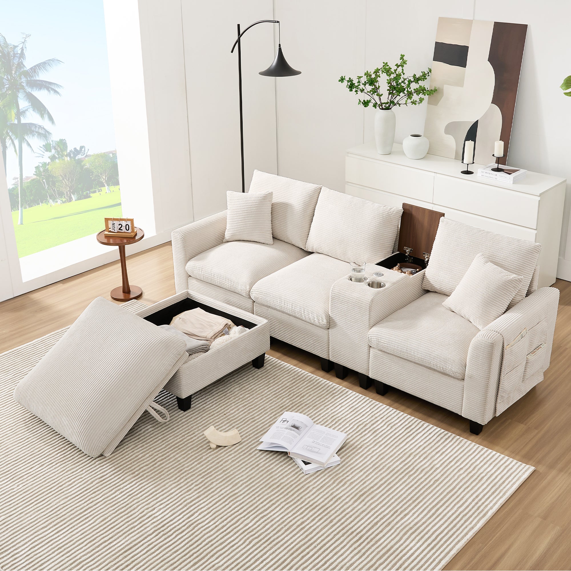 Nowoczesna sofa - z konsolą - 2 uchwyty na kubki - port ładowania USB - kieszenie na podłokietnikach - z poduszkami - beżowa - 4