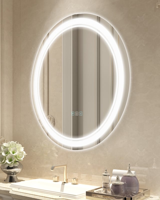 Espejo Redondo de Baño LED VEVOR 60 cm, con Iluminación Frontal y Trasera, Función Antiempañante, 3 Colores, Luz Regulable