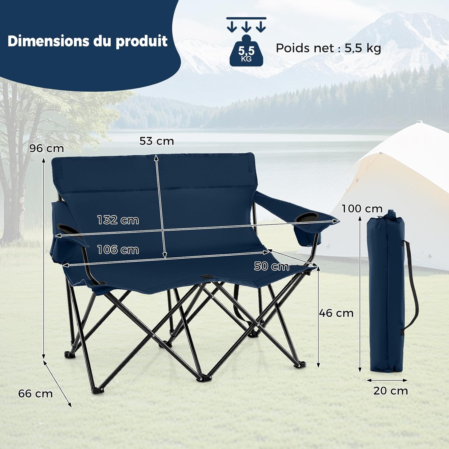 Krzesło kempingowe dla 2 osób, składane krzesło z uchwytami na napoje, podłokietnikami i torbą do przenoszenia, nośność 300 kg, piknik - 3