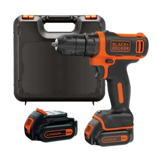 Perceuse-visseuse sans fil 10.8v ultra compacte - blach+decker - avec 2 batteries 18v 1.5ah - coffret - bdcdd12k1b-qw