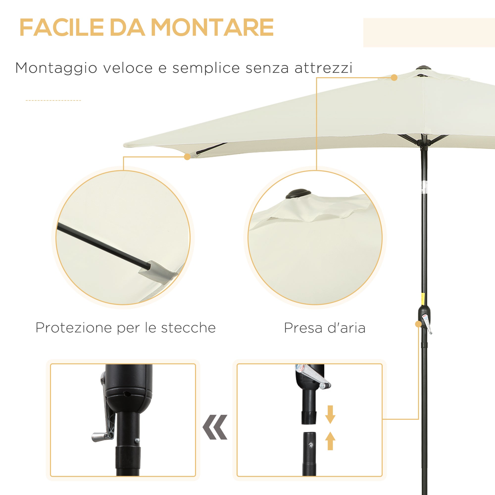 Parasol rectangulaire 2x3 m, en aluminium et polyester, à angle réglable, blanc crème et noir - 8
