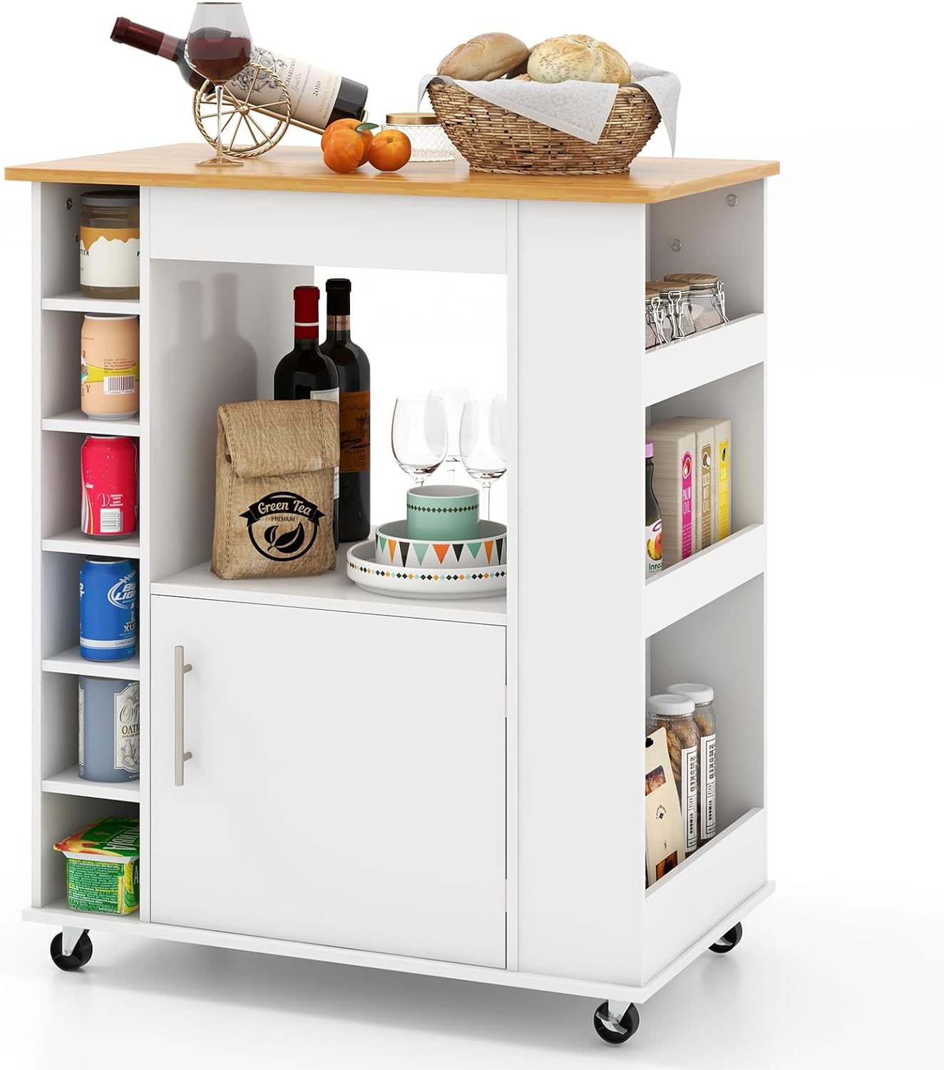 Taca Kuchenna na Kółkach – Bambusowy Regał – Regał na 6 Butelek Wina – 2 Kółka z Blokadą – Regał na Przyprawy – Kolor Biały