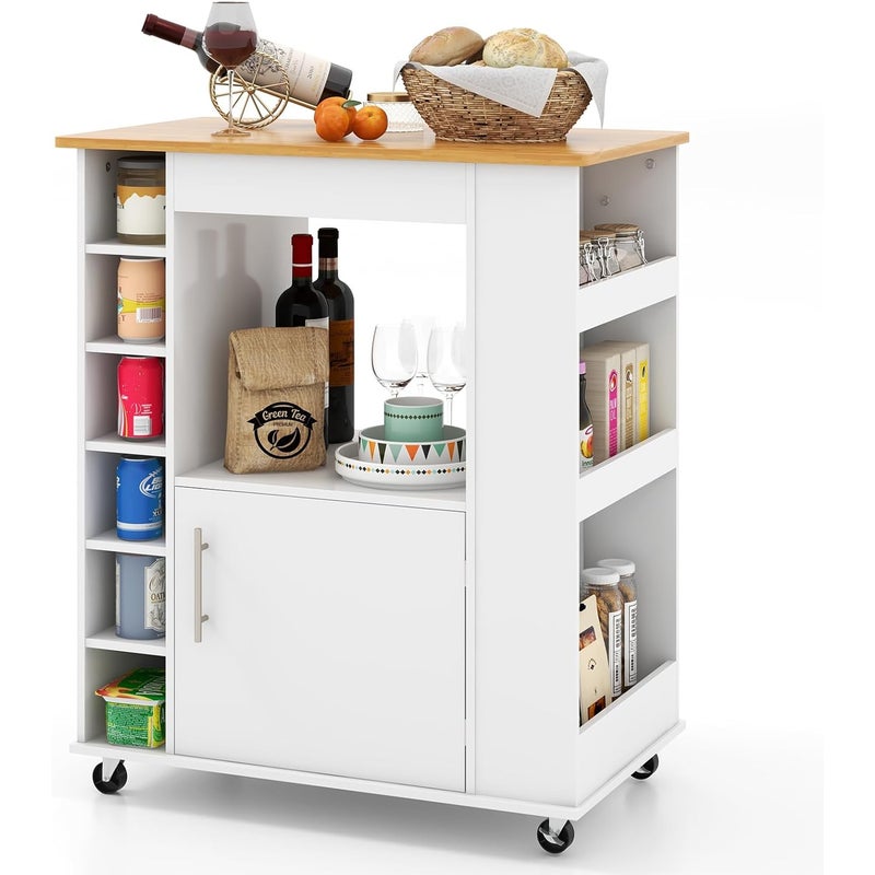 Taca Kuchenna na Kółkach – Bambusowy Regał – Regał na 6 Butelek Wina – 2 Kółka z Blokadą – Regał na Przyprawy – Kolor Biały