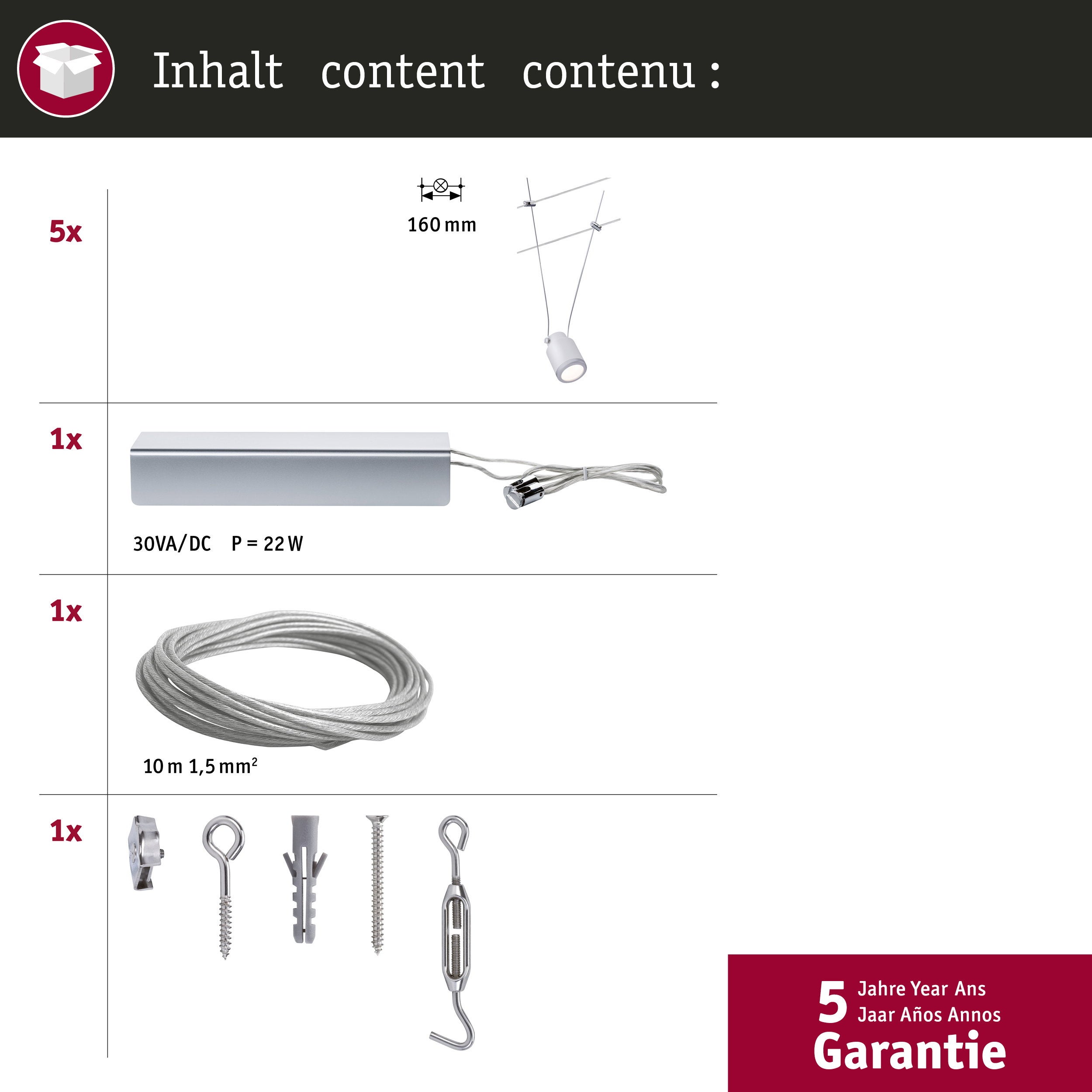 Système sur câbles LED TunLED Kit de base 5x150lm 5x4W 2700K 230/12V Blanc Chrome mat - 4