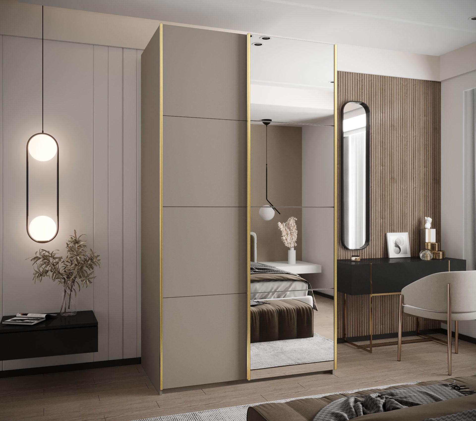 Szafa przesuwna wysoka Lux 3 130 x 64 x 245,5 cm kaszmir + kaszmir + u. złoty - Abiks Meble - 2