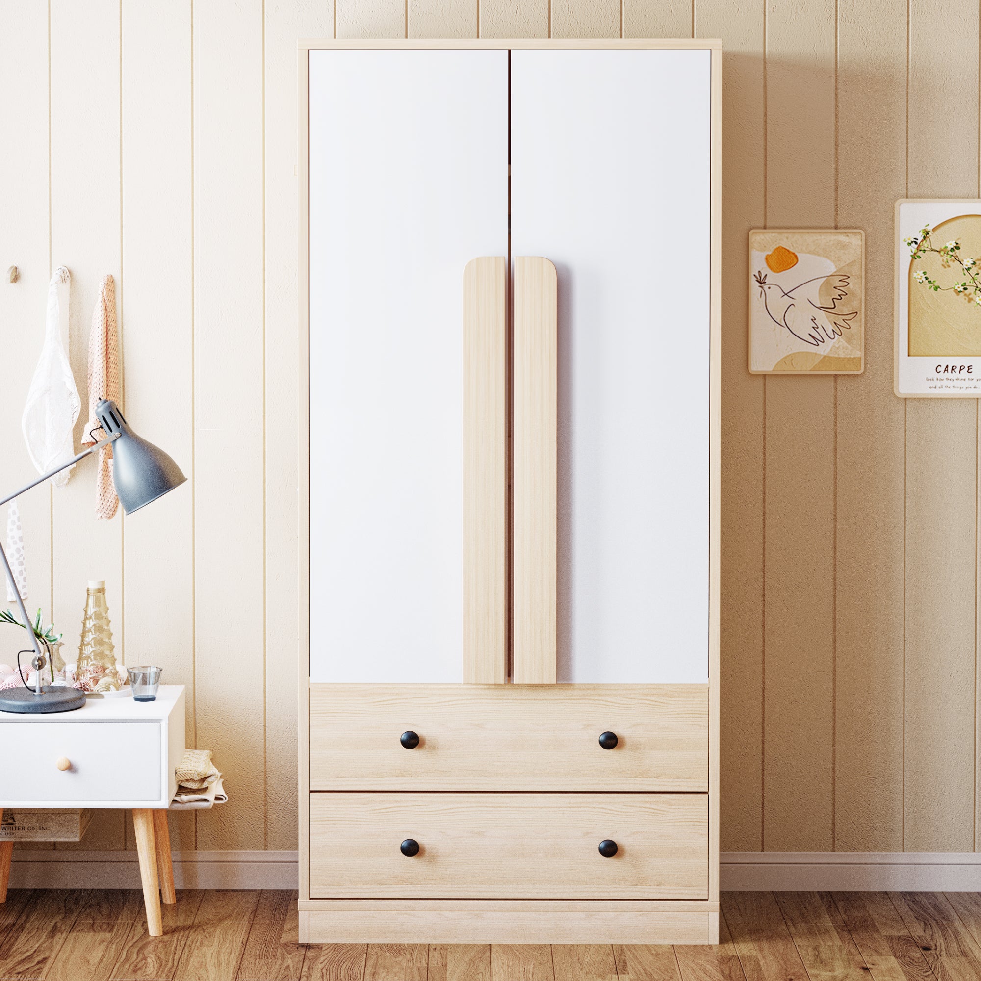 Armoire 2 portes 70 x 40 x 170 cm avec 2 tiroirs et grand rangement, bois naturel et blanc - 3