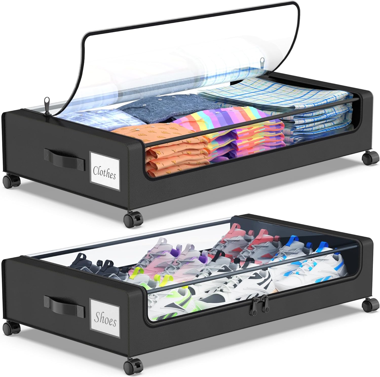 DGFCK Contenitore Sotto Il Letto Con Ruote – Confezione Da 2 – 65 Litri Ciascuno – Coperchio Trasparente, Telaio Metallico – Per Vestiti, Scarpe, Biancheria