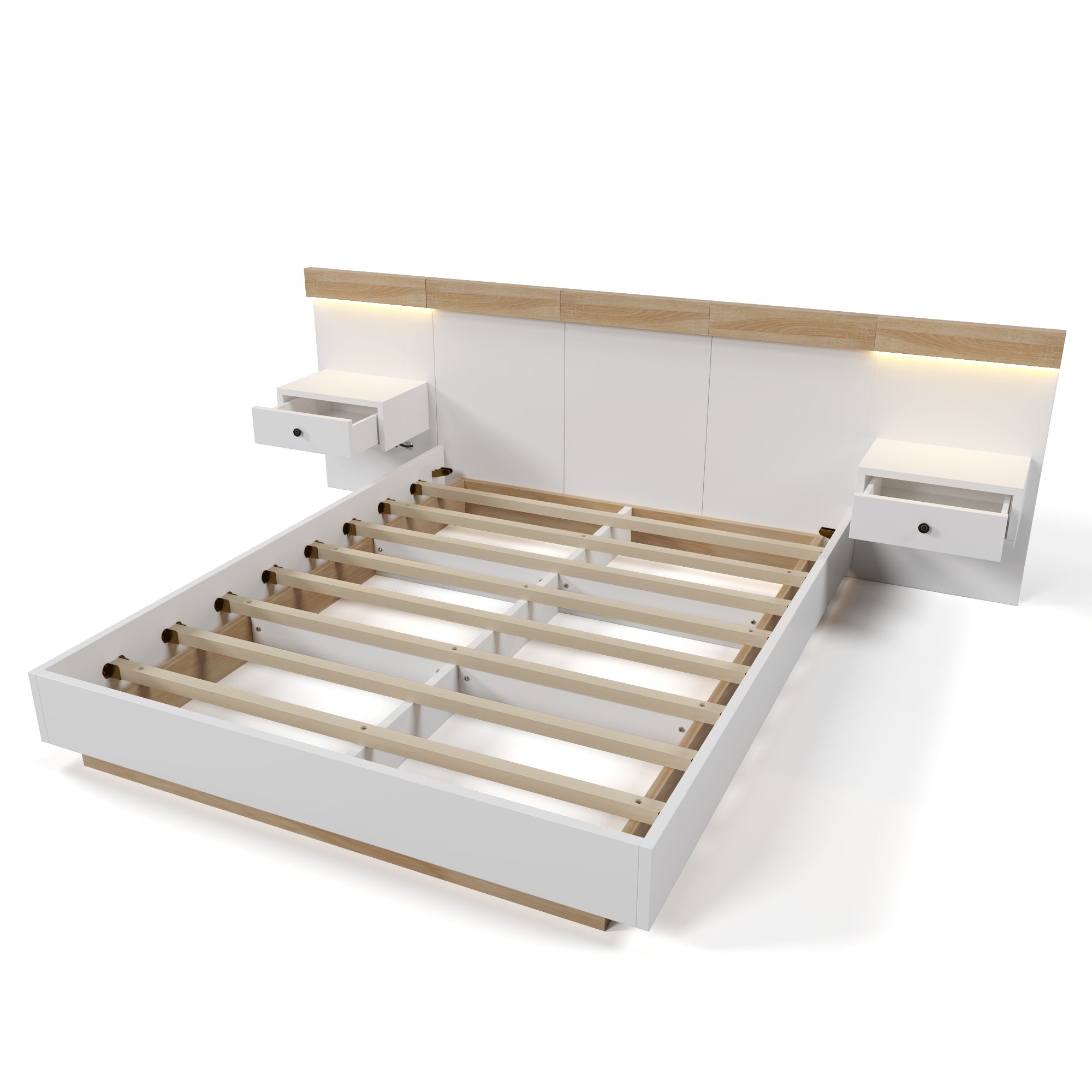 Łóżko dla dorosłych 160x200 cm z drewna z wiszącymi szafkami nocnymi + gniazda LED i USB + stelaż z listew - białe - 6
