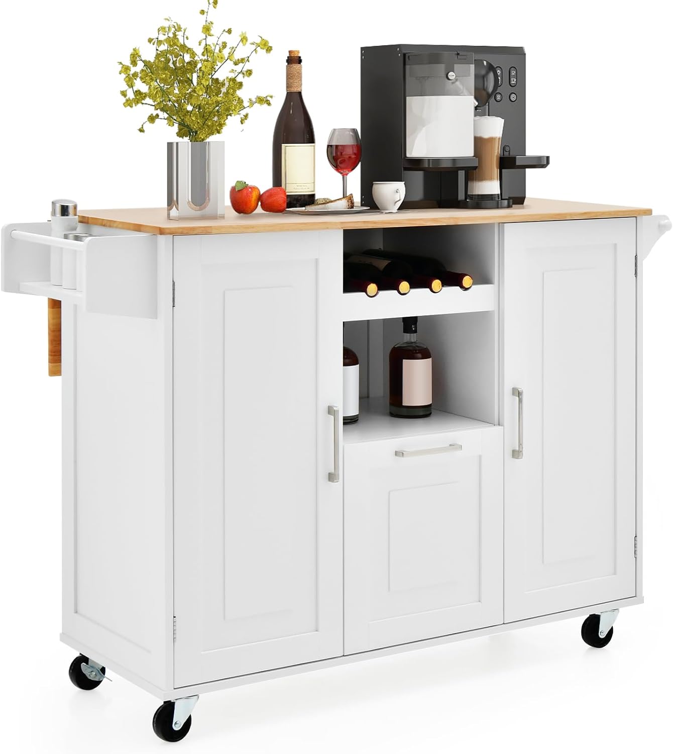 Wózek Kuchenny na Kółkach 130 x 74 x 90 cm ze Składanymi Regałami – Uchwyt na Butelki / 2 Szafki z Drzwiami / Uchwyt w Kolorze Białym