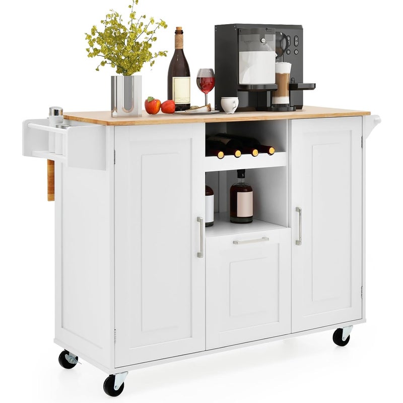 Wózek Kuchenny na Kółkach 130 x 74 x 90 cm ze Składanymi Regałami – Uchwyt na Butelki / 2 Szafki z Drzwiami / Uchwyt w Kolorze Białym