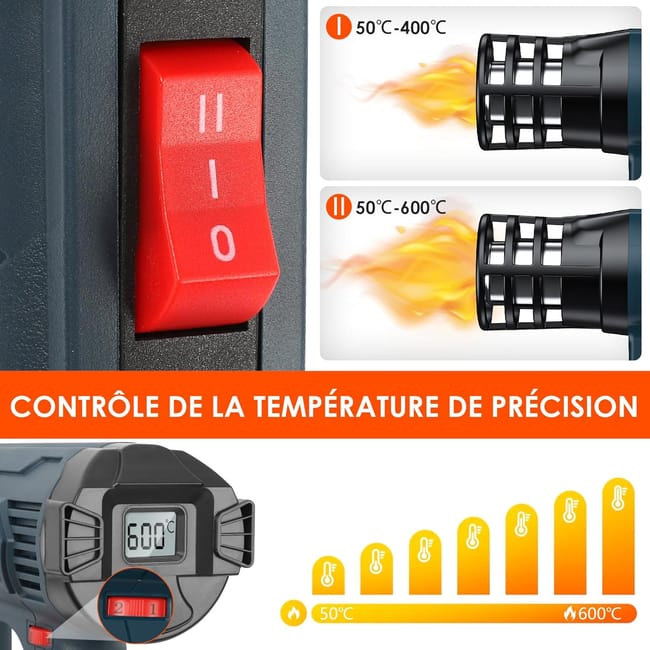 Pistolet à air chaud professionnel 2500 W - Contrôle précis de la température (50-600 °C) - 2 vitesses - Écran LCD - 4 embouts - 2