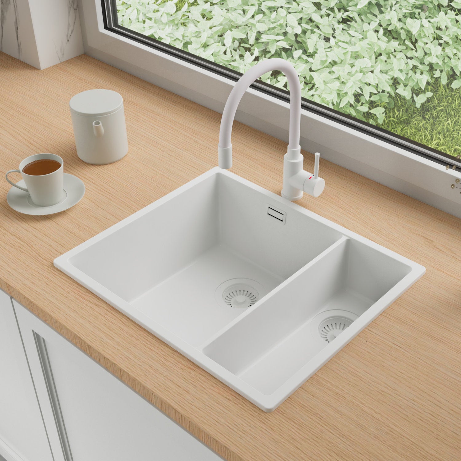 Zlewozmywak Granitowy 56x47cm, do szafki od 60cm + Bateria + Syfon - Agate Cały Biały STONESTYLE