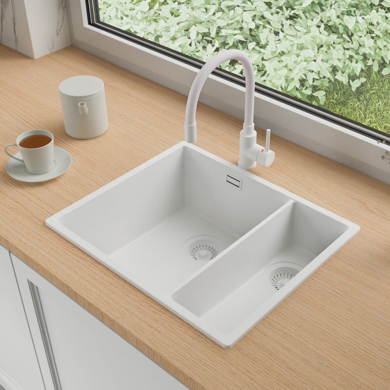 Zlewozmywak Granitowy 56x47cm, do szafki od 60cm + Bateria + Syfon - Agate Cały Biały STONESTYLE