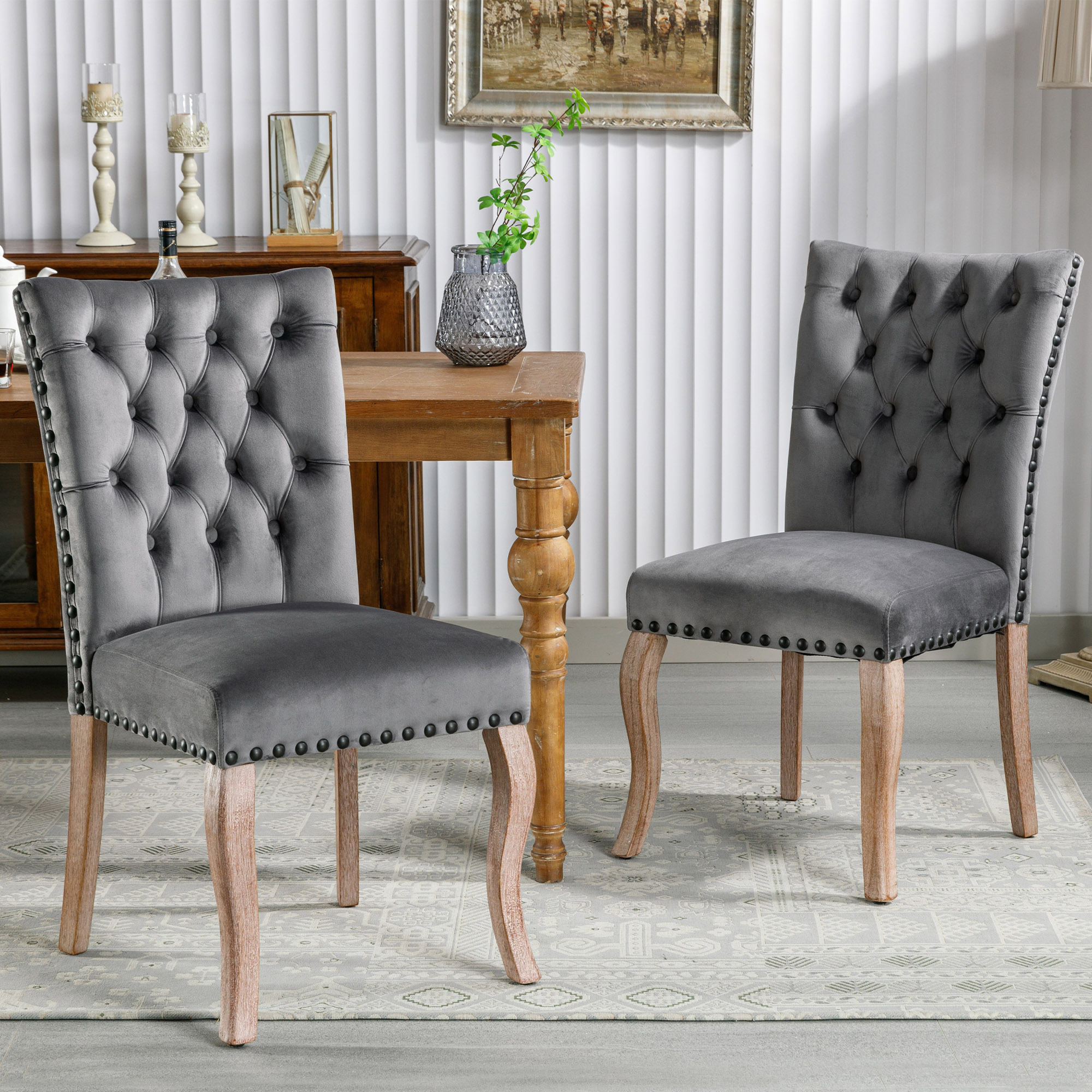 Sillas de comedor (2 sillas de cocina con respaldo simple), patas de madera maciza, tapizado de terciopelo, color gris