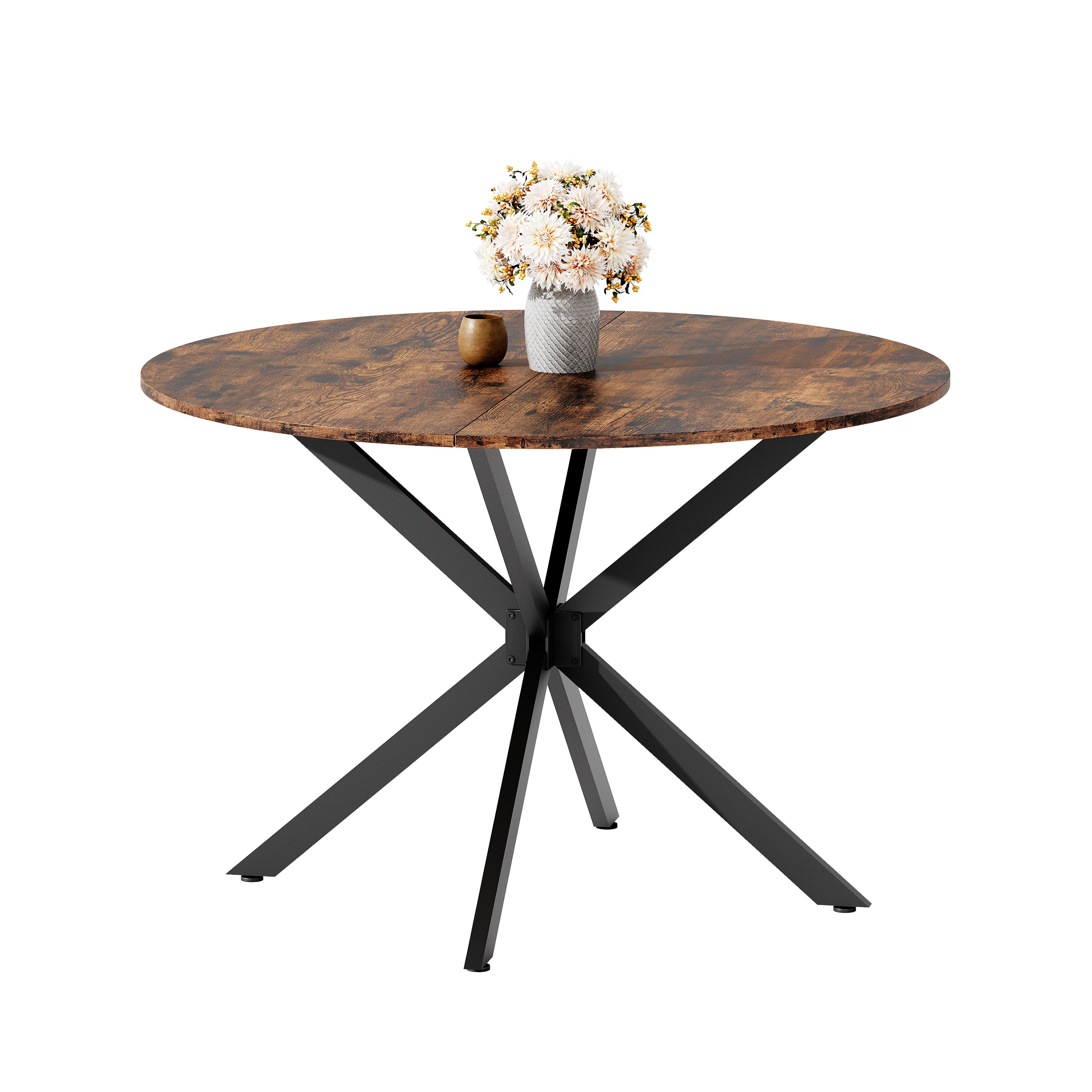 Obosoe mesa de comedor redonda de estilo industrial, ø120 cm, dimensiones generosas con patas en forma de x, color marrón y negro vintage, para cocina