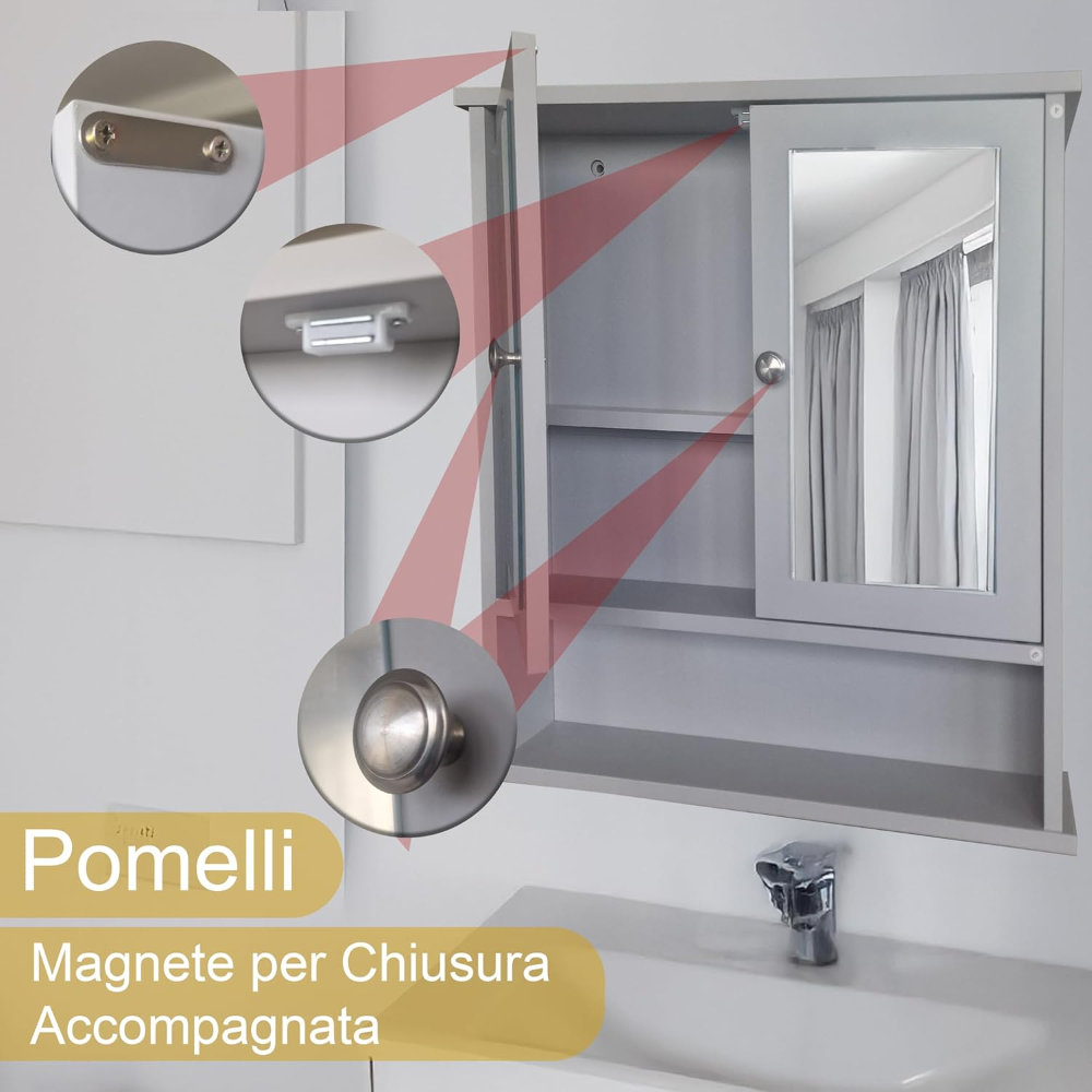 Mobile Mobili Bagno con specchio sopra lavabo Mensola Armadietto con Specchio e Ripiani Regolabili Mobiletto Sospeso 12,5P x 56l x 60H cm - 4