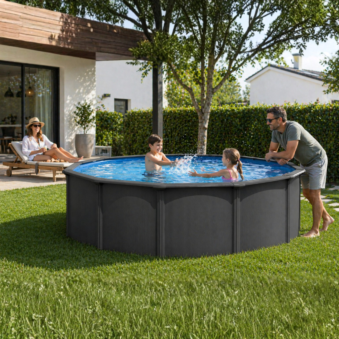 Piscina elevada de acero redonda 460x120 cm color antracita con depuradora y escalera de tijeras - 5