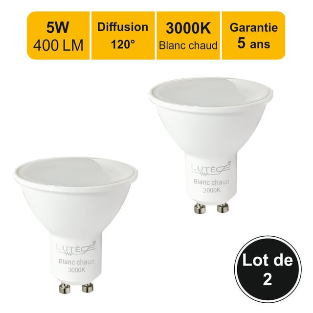 Lot de 2 ampoules LED GU10 5W - 120° - 400Lm 3000K - garantie 5 ans