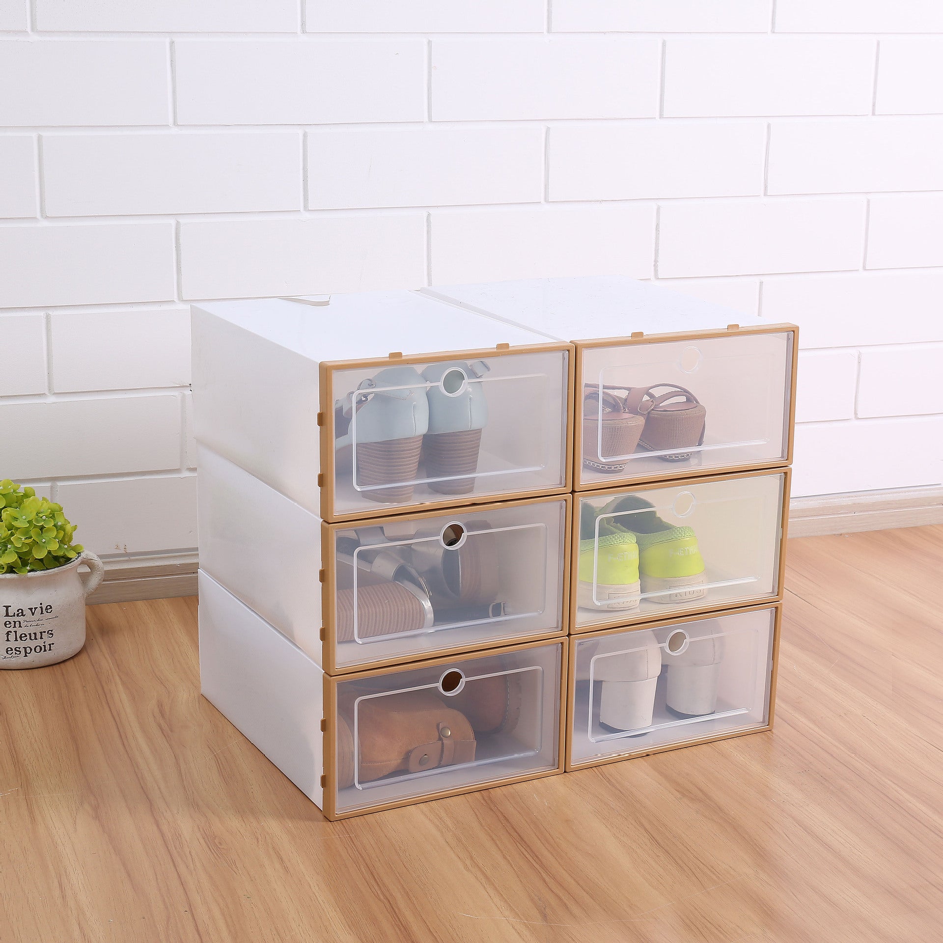 Zestaw 6 pudełek na buty w kolorze khaki, z przezroczystego plastiku, w stylu szuflady, 33 x 23 x 13 cm