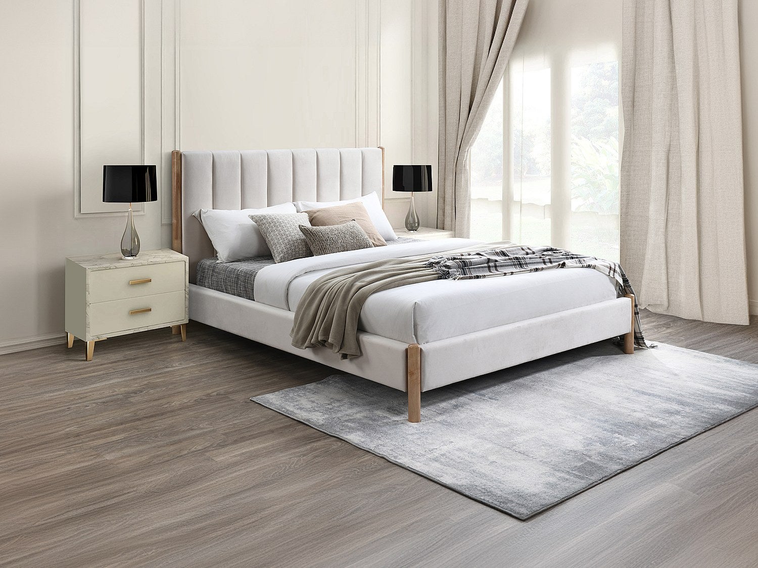 Łóżko 160 × 200 cm z zagłówkiem z pionowymi przeszyciami – Welurowe – Kość słoniowa + Materac – SIZAMA