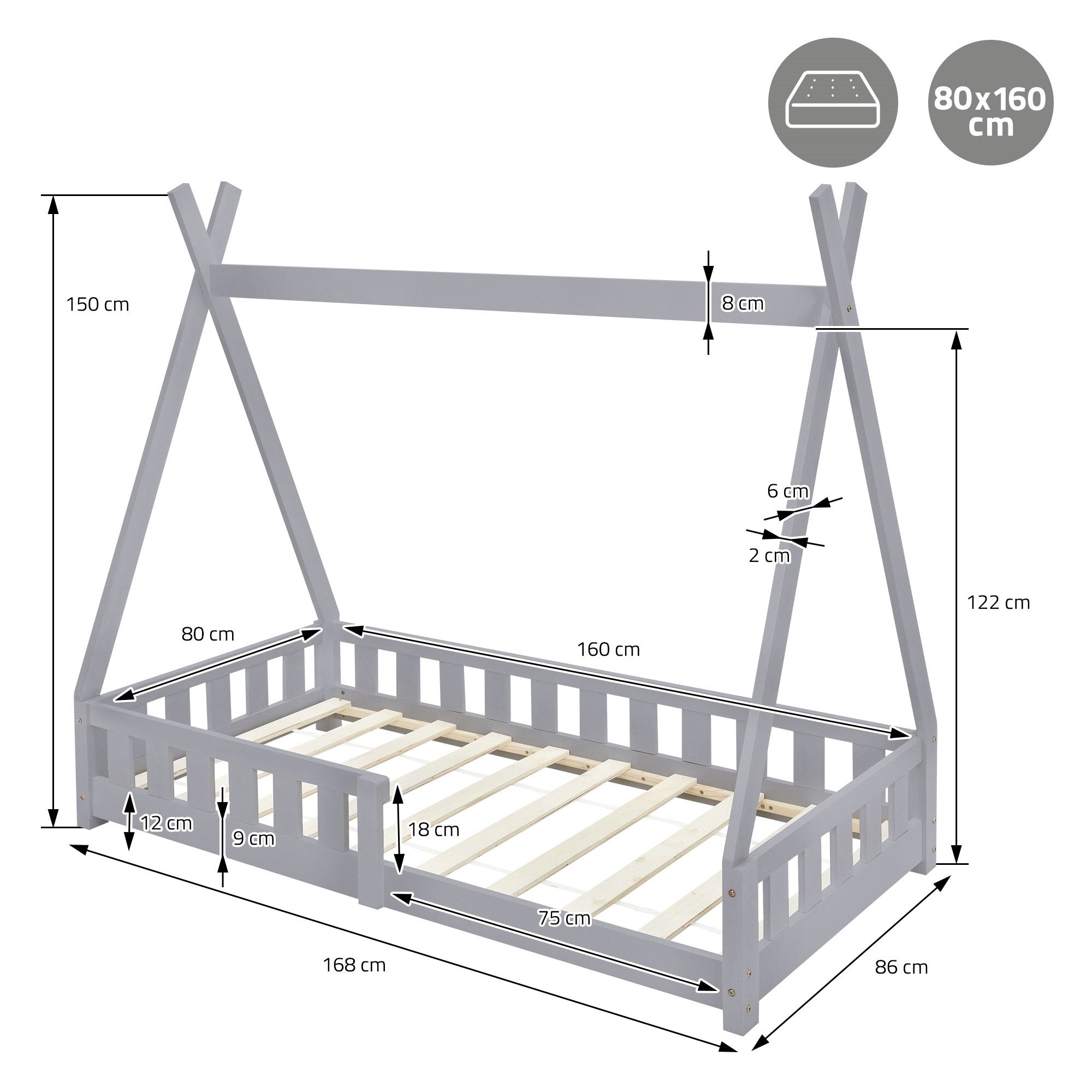 Lettino tepee per bambini 80x 160 cm con sponde, rete a doghe, letto tenda indiana da gioco in legno di pino massiccio grigio per cameretta bimbi - 6